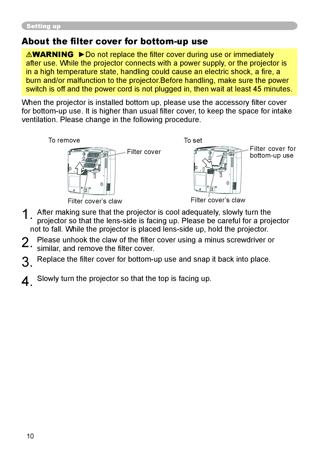 3M S55, X45, X55 manual About the ﬁlter cover for bottom-up use 