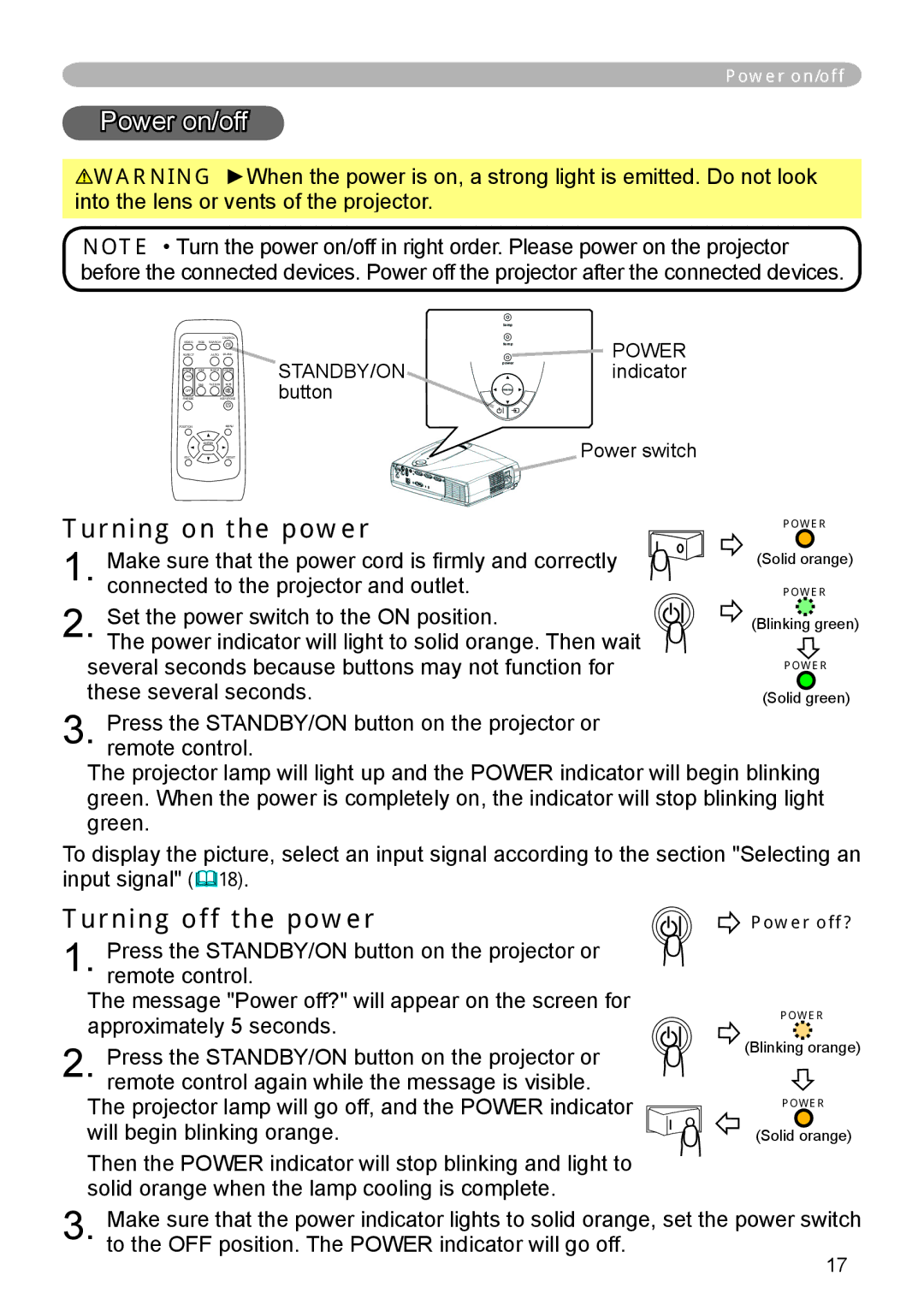 3M X55, X45, S55 manual Power on/off, Turning on the power, Turning off the power 