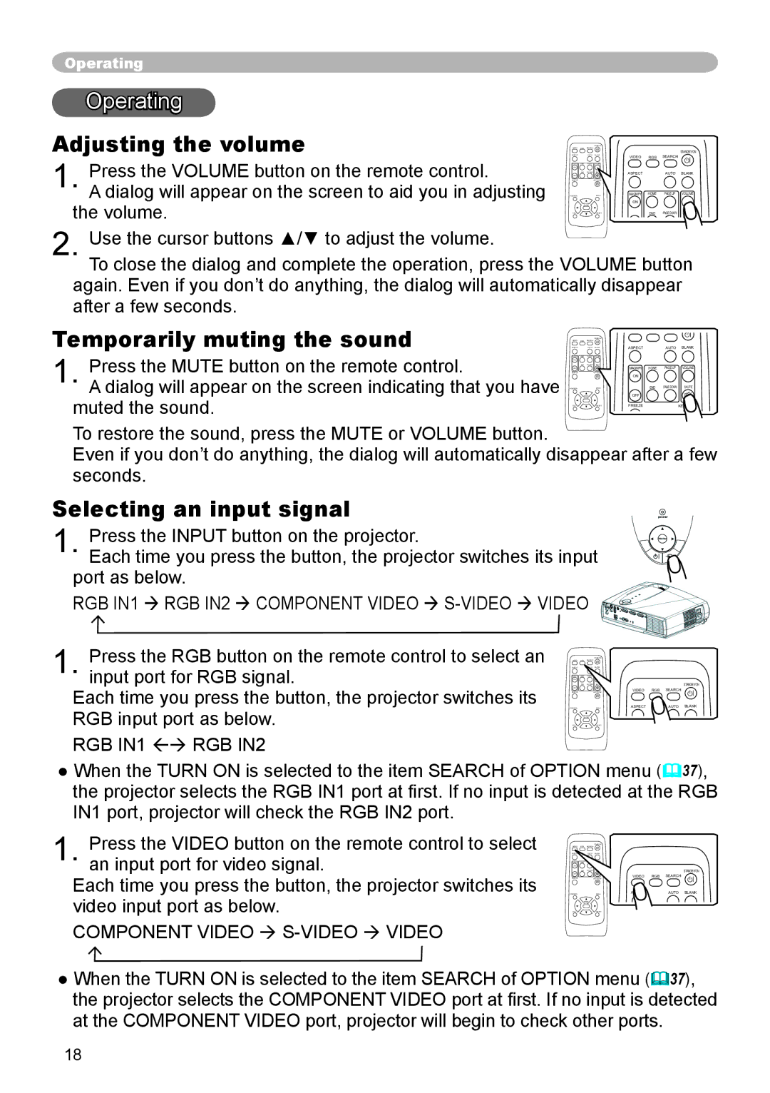 3M X45, S55, X55 manual Operating, Adjusting the volume, Temporarily muting the sound, Selecting an input signal 