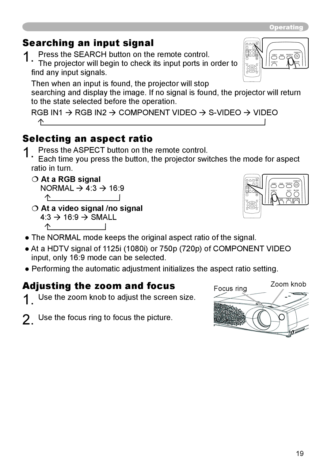 3M S55 Searching an input signal, Selecting an aspect ratio, Adjusting the zoom and focus,  At a RGB signal Normal  43  