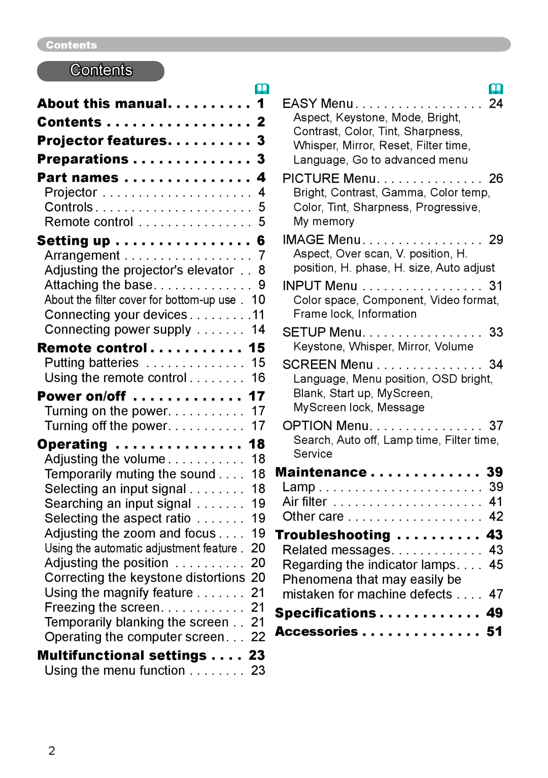 3M X55, X45, S55 manual Contents 