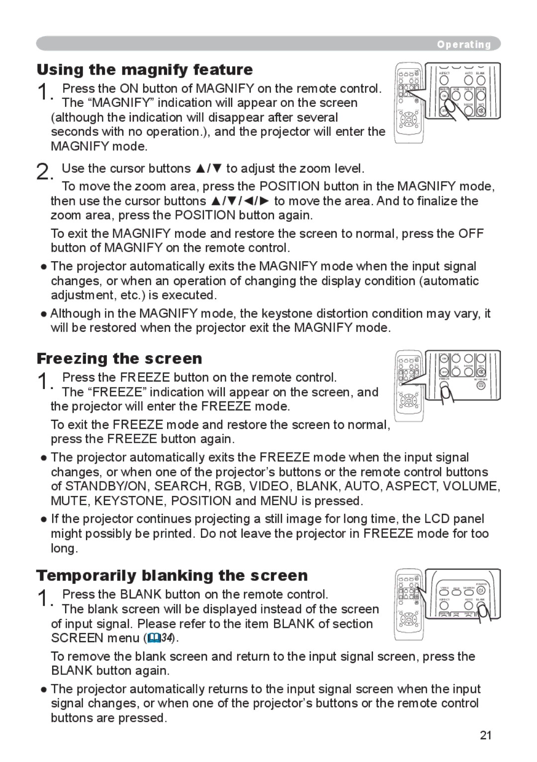 3M X45, S55, X55 manual Using the magnify feature, Freezing the screen, Temporarily blanking the screen 