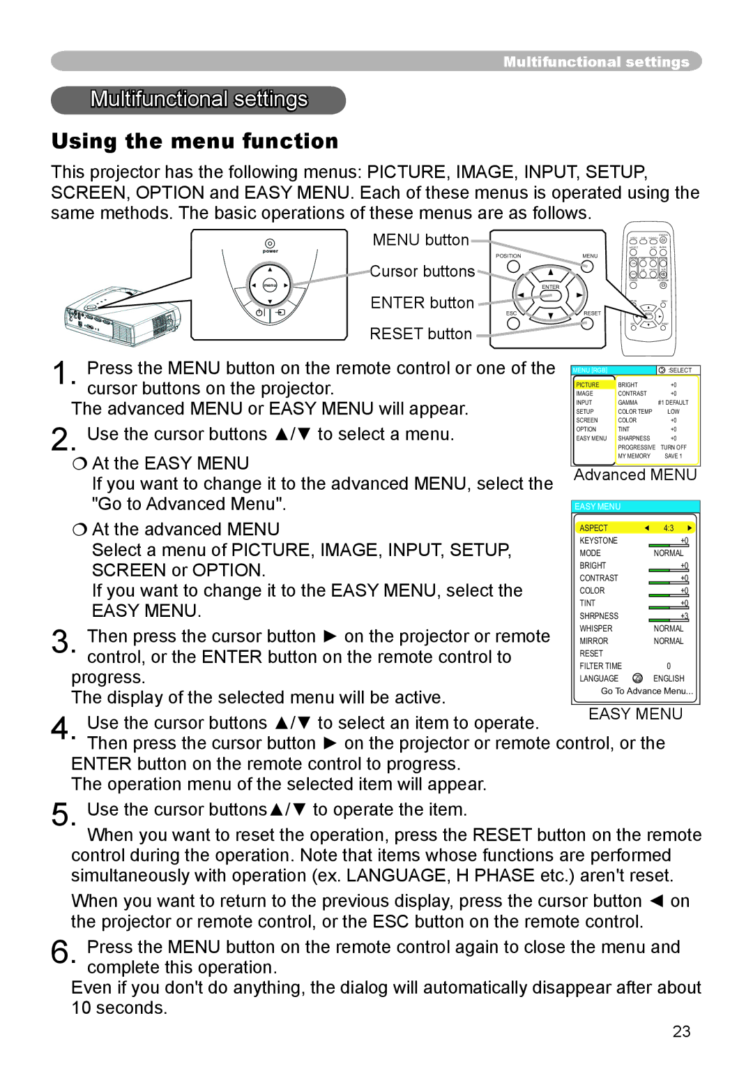 3M X55, X45, S55 manual Multifunctional settings, Using the menu function, Easy Menu 