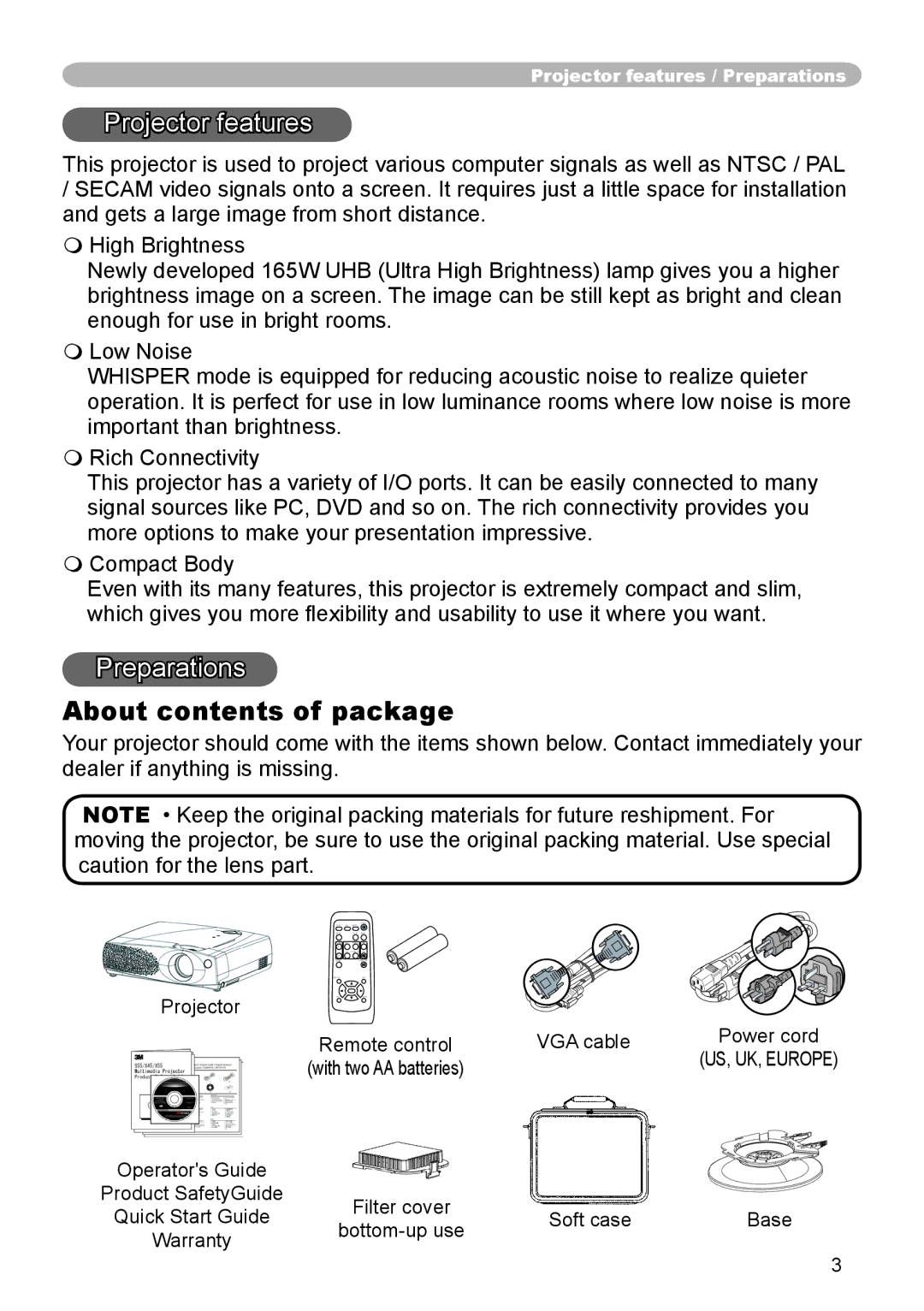 3M X45, S55, X55 manual About contents of package 