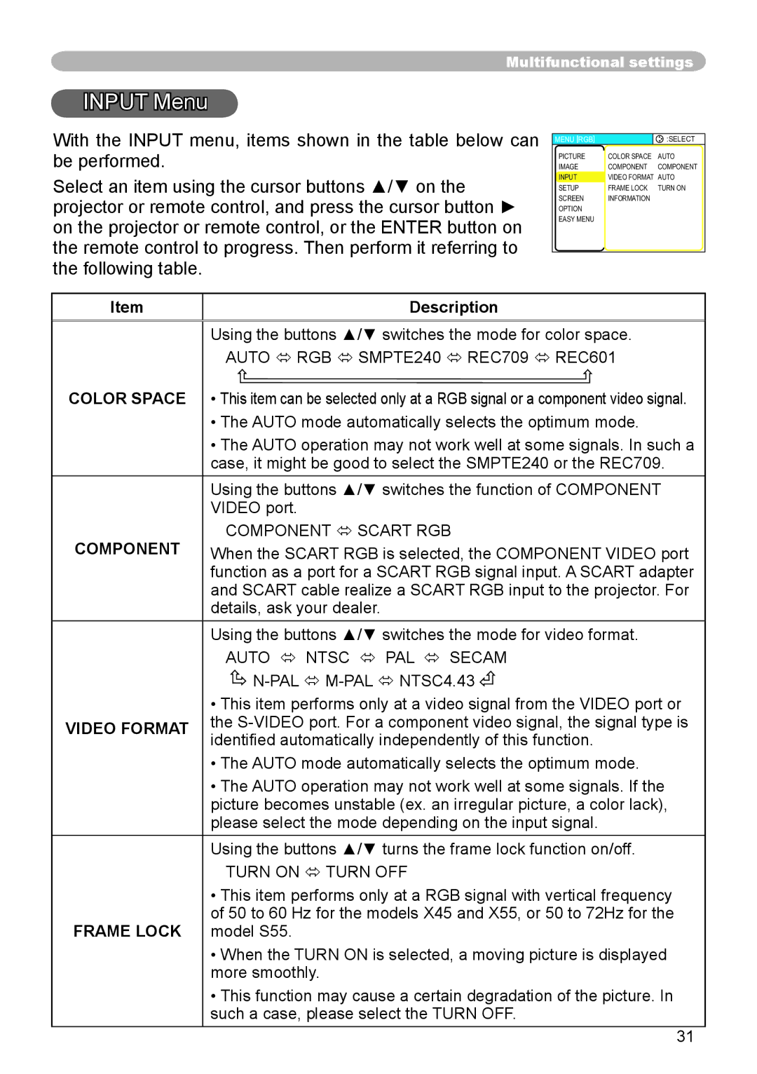 3M S55, X45, X55 manual Input Menu, Component, Video Format, Frame Lock 