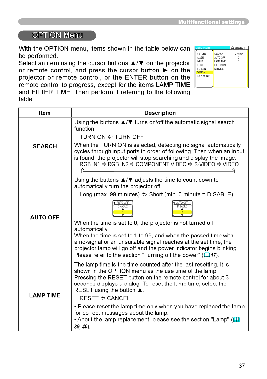 3M S55, X45, X55 manual Option Menu, Search, Auto OFF, Lamp Time, Reset  Cancel 