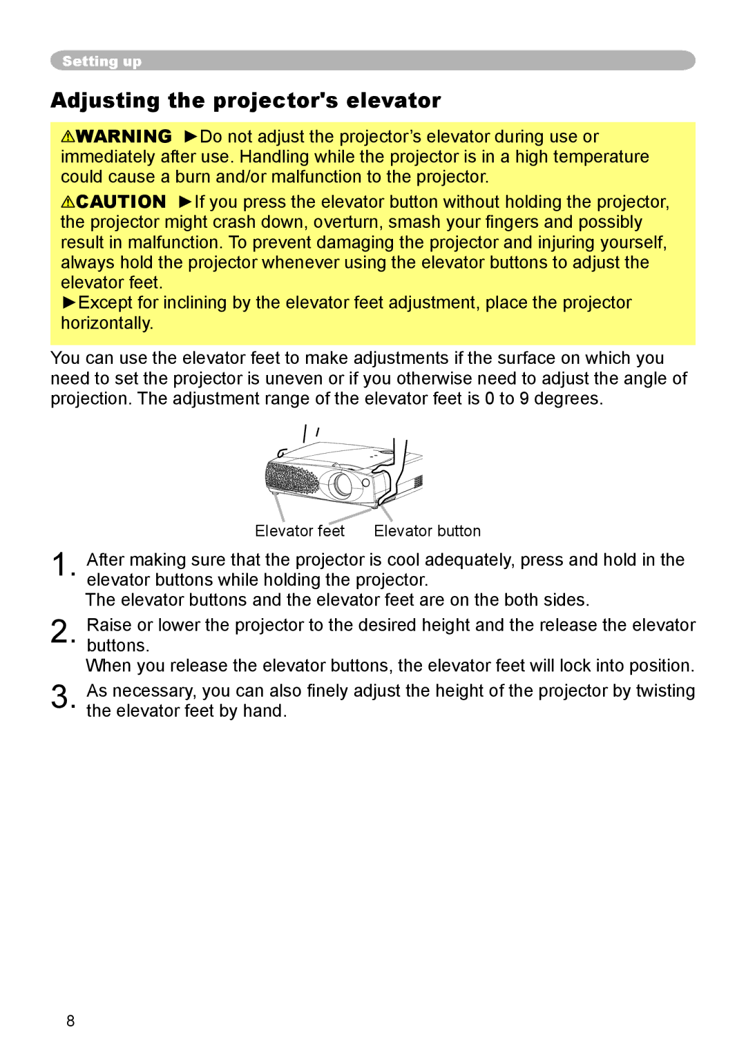 3M X55, X45, S55 manual Adjusting the projectors elevator 