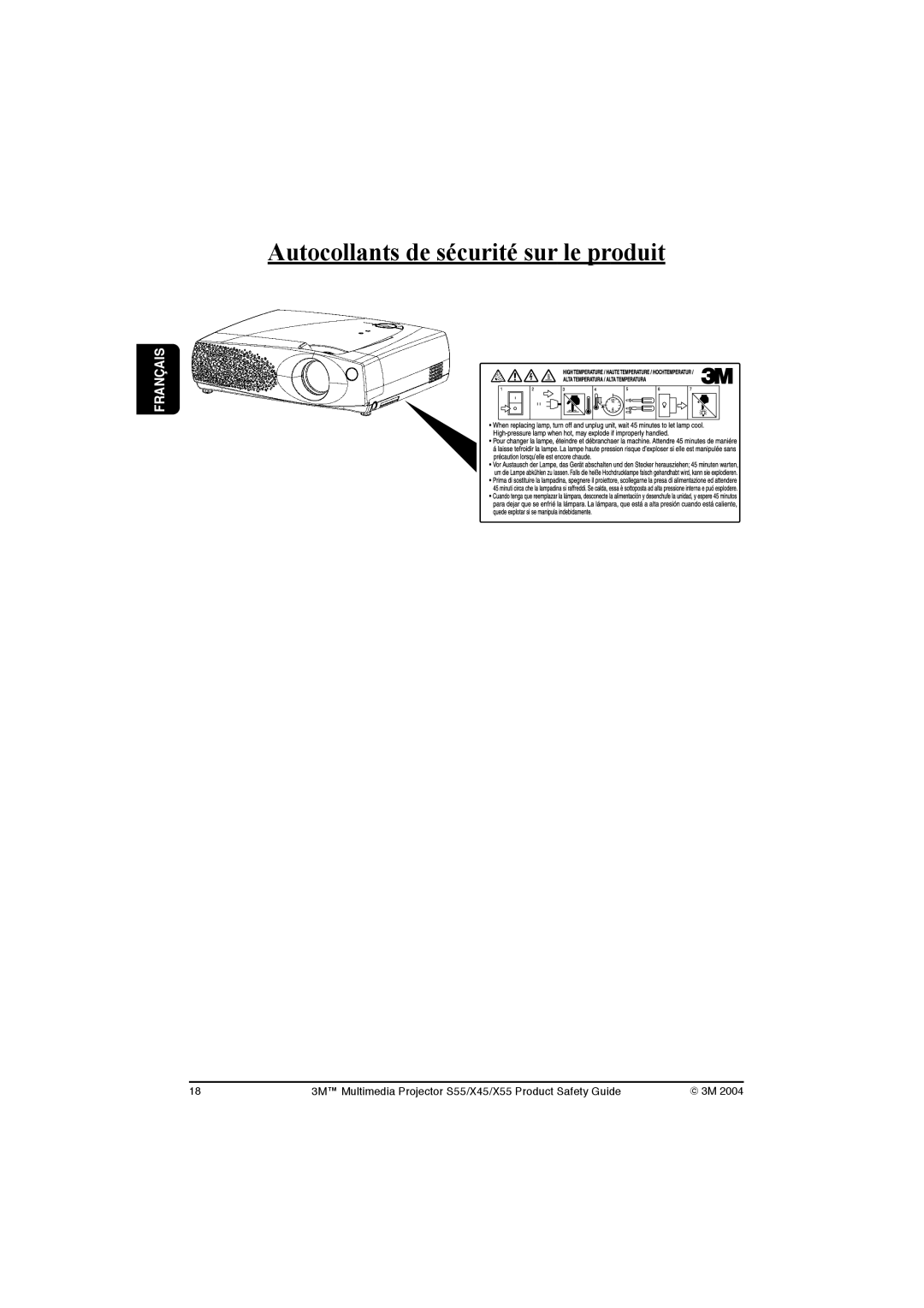 3M X45, S55, X55 manual Autocollants de sécurité sur le produit 