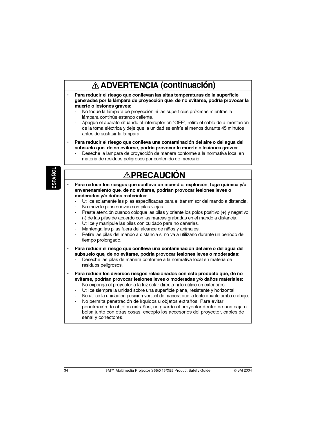 3M S55, X45, X55 manual Advertencia continuación, Precaución 