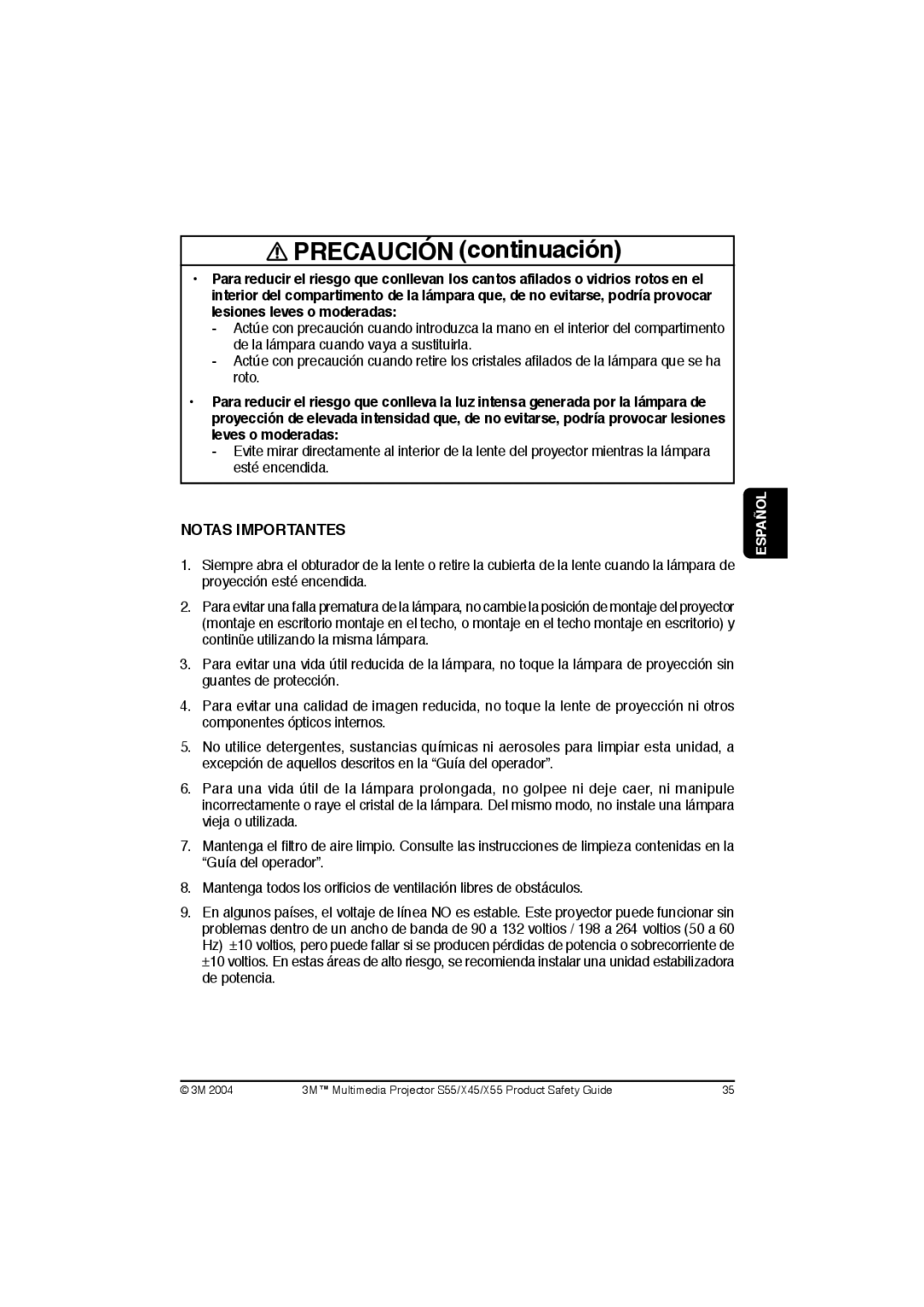 3M X55, X45, S55 manual Precaución continuación, Notas Importantes 