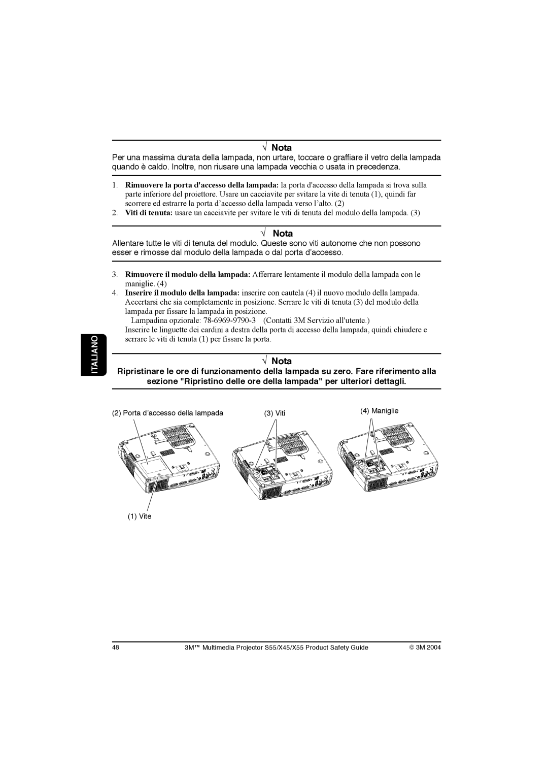 3M X45, S55, X55 manual Porta d’accesso della lampada Viti Maniglie Vite 