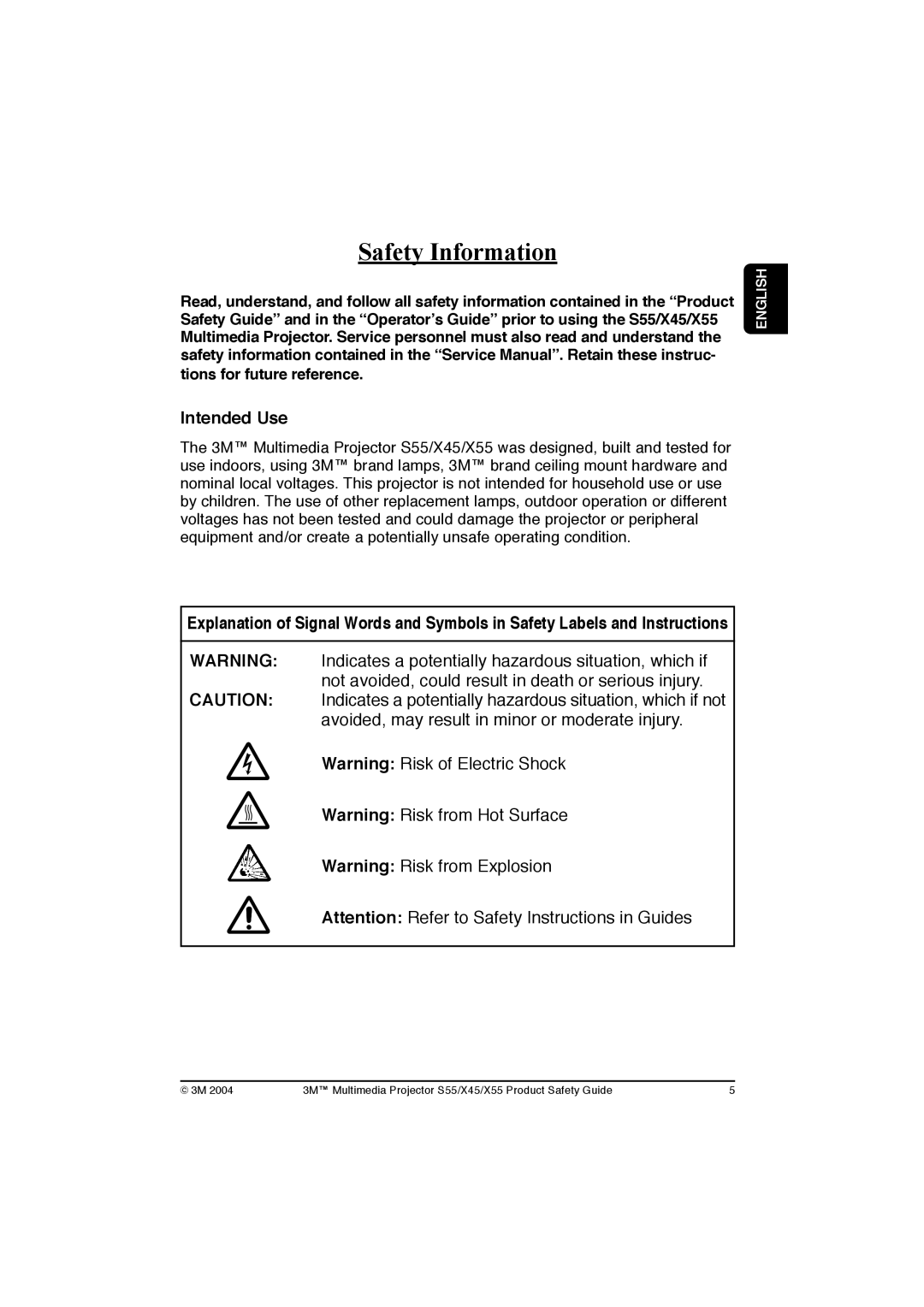 3M X55, X45, S55 manual Safety Information, Intended Use 