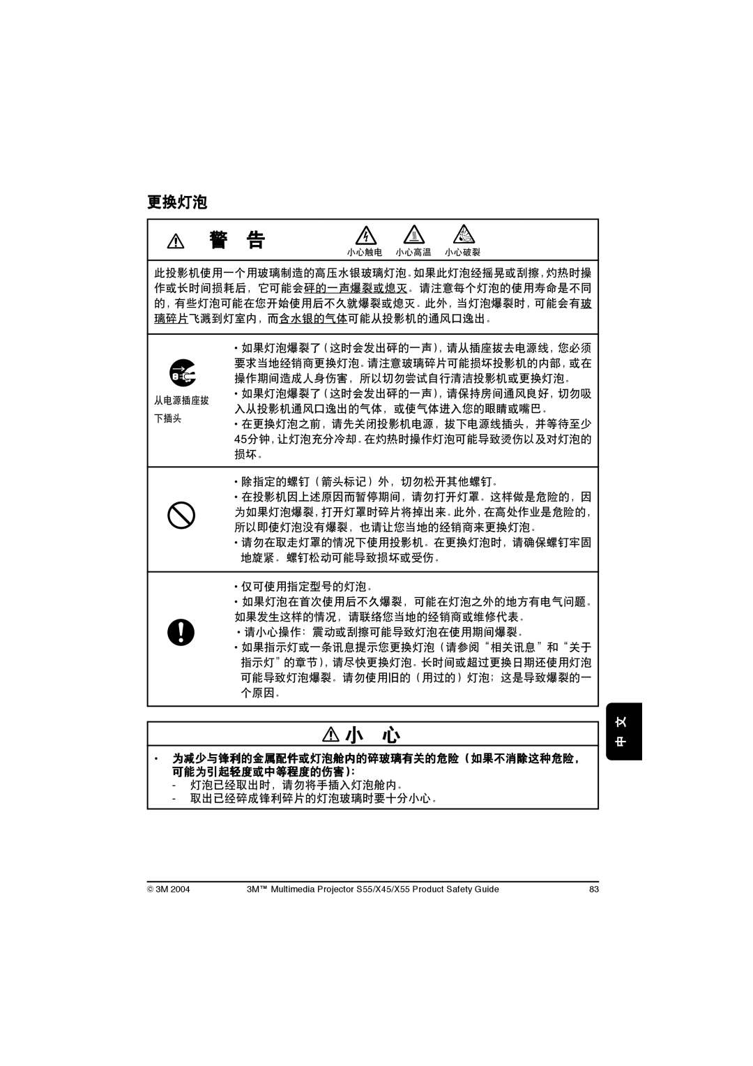 3M X55, X45, S55 manual 更换灯泡 