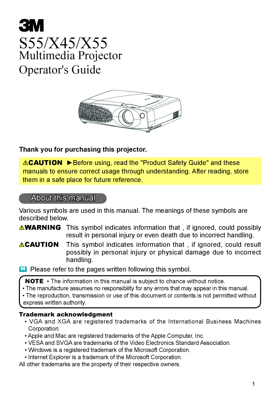 3M manual S55/X45/X55 Multimedia Projector, Product Safety Guide 