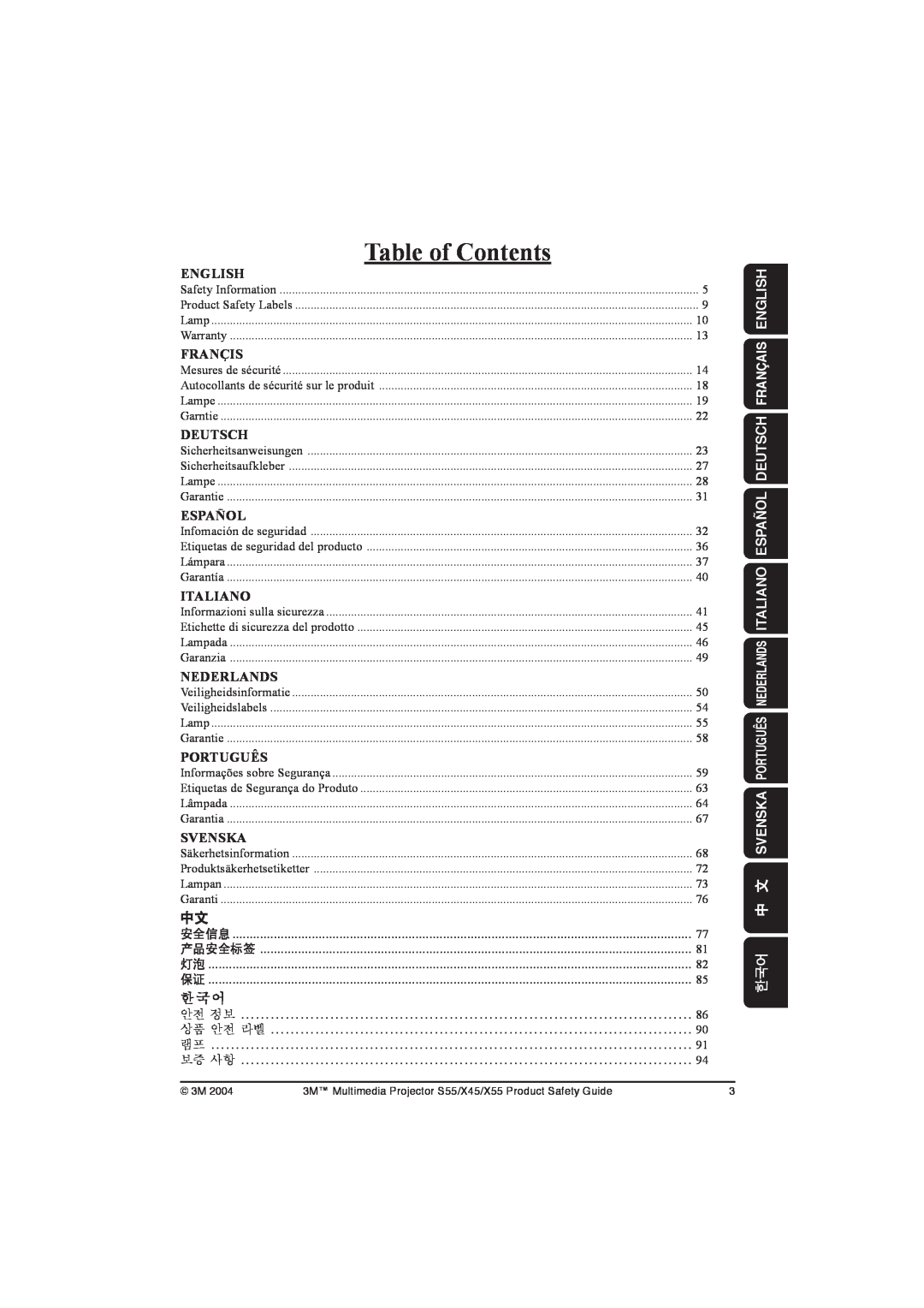 3M X45 Table of Contents, English, Françis, Deutsch, Español, Italiano, Nederlands, Português, Svenska, 한 어국, 안전 정보, 보증 사항 