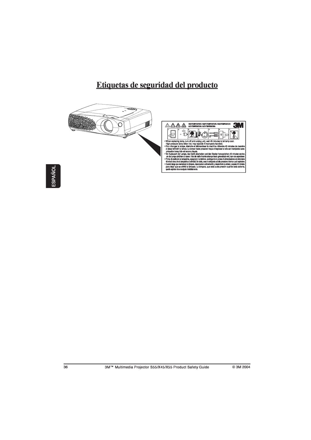 3M X45, S55, X55 manual Etiquetas de seguridad del producto, Español 