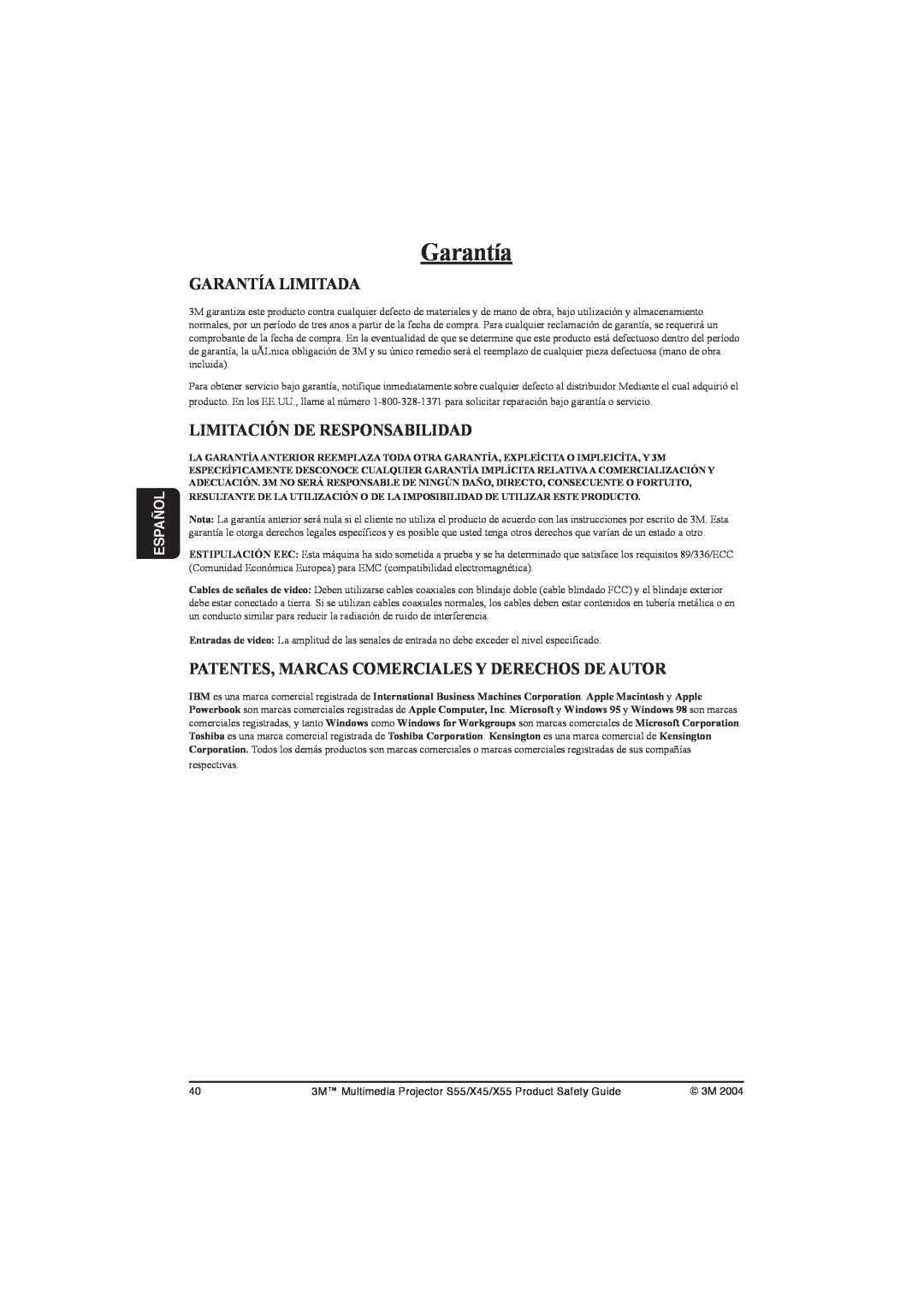 3M S55 Garantía Limitada, Limitación De Responsabilidad, Patentes, Marcas Comerciales Y Derechos De Autor, Español 