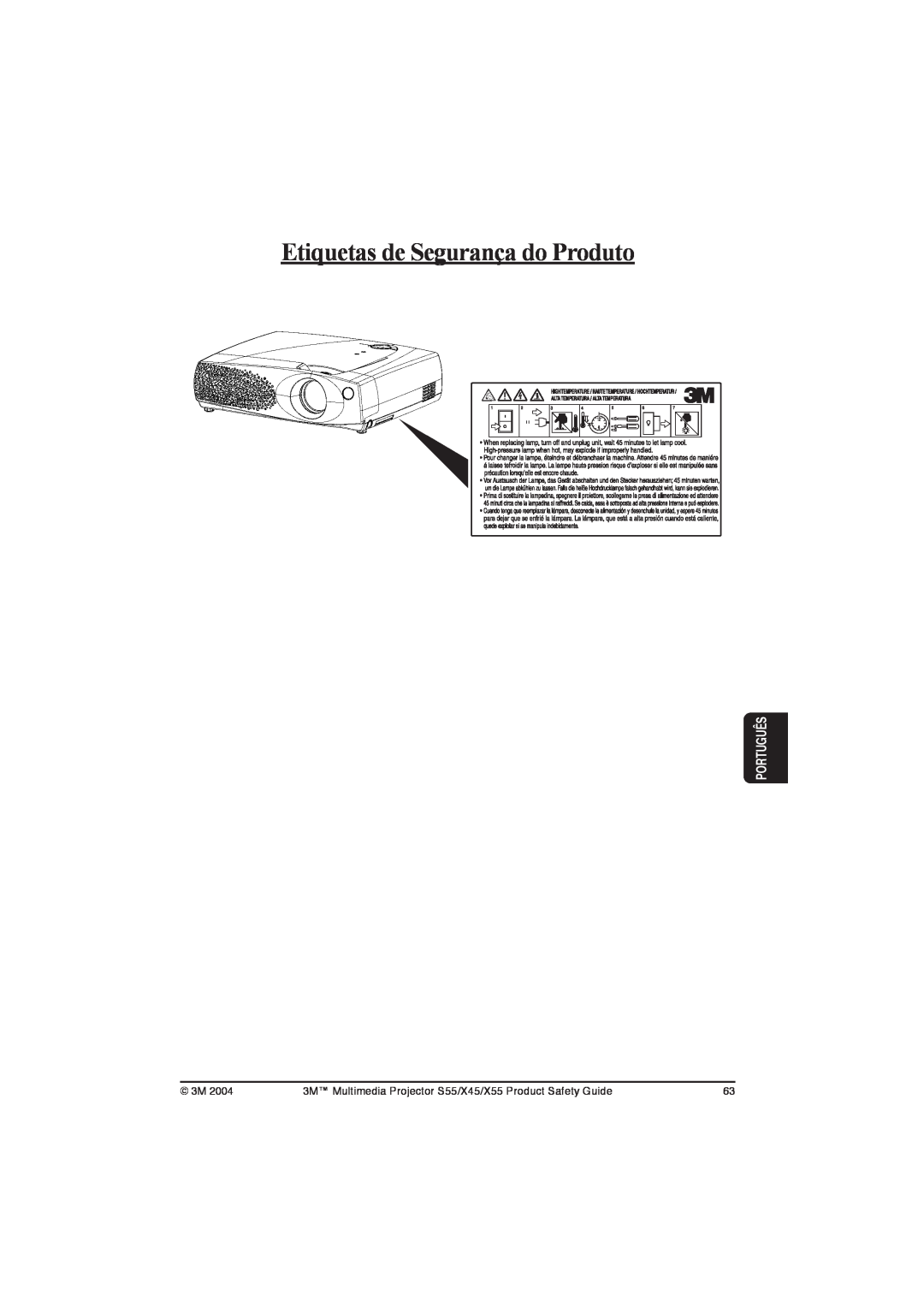 3M X45, S55, X55 manual Etiquetas de Segurança do Produto, Português 