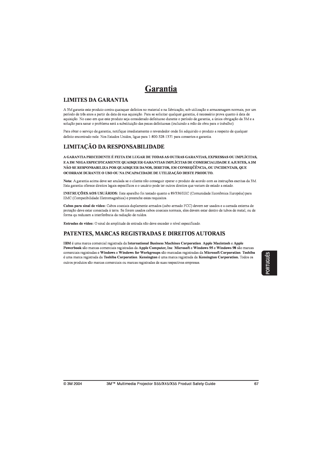 3M S55 Limites Da Garantia, Limitação Da Responsabilidade, Patentes, Marcas Registradas E Direitos Autorais, Português 