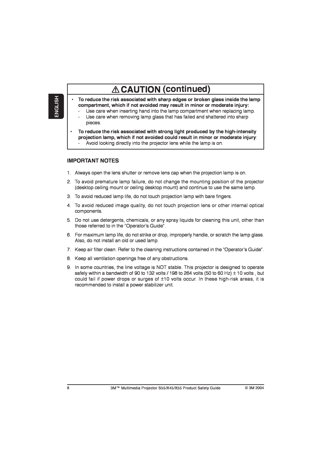 3M X55, X45, S55 manual CAUTION continued, Important Notes, English 