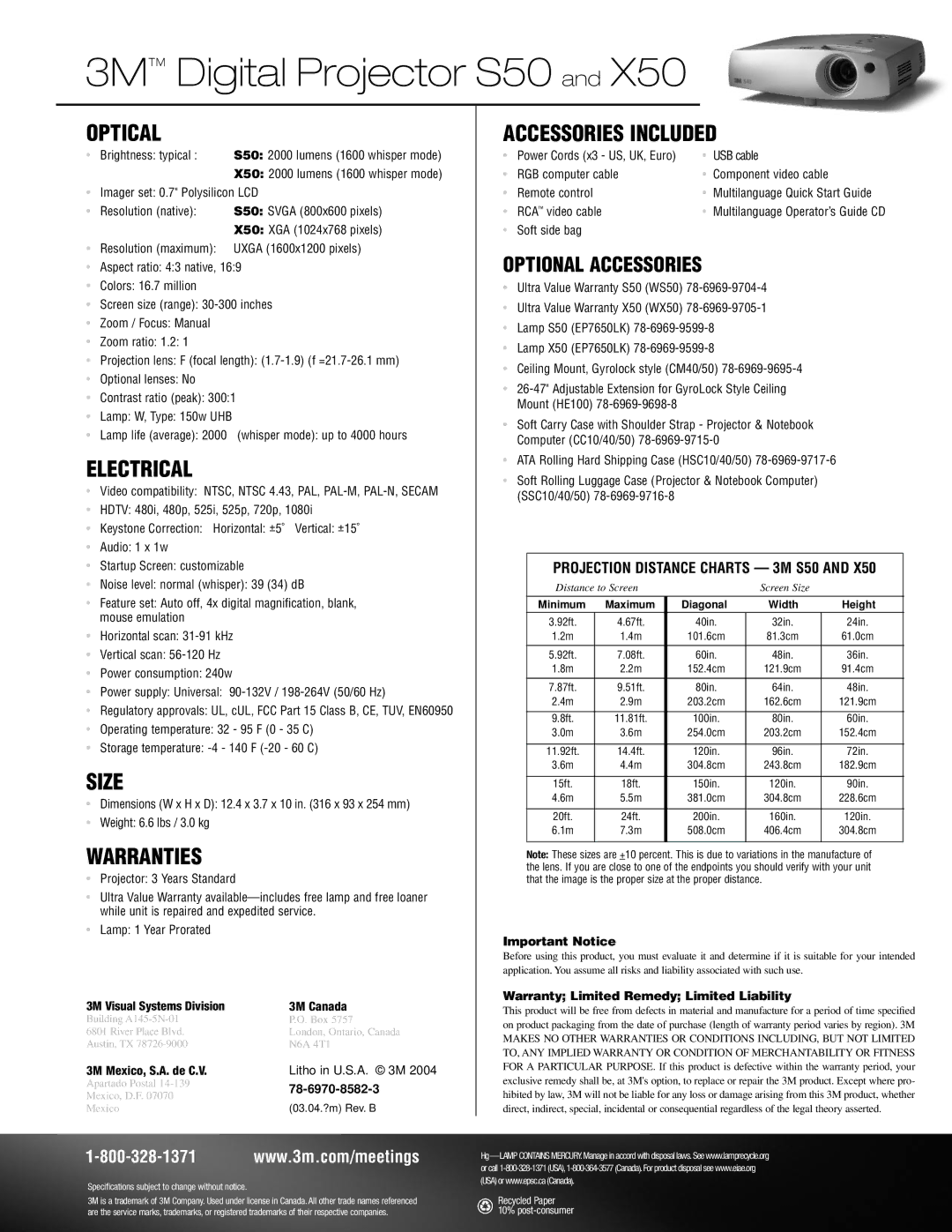 3M X50, S50 manual Optical, Electrical, Size, Warranties, Accessories Included 