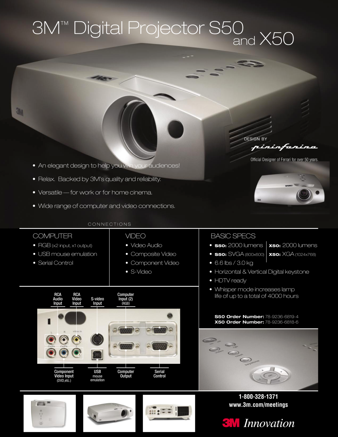 3M X50 manual 3M Digital Projector S50, Computer, Video, Basic Specs, An elegant design to help you win your audiences 