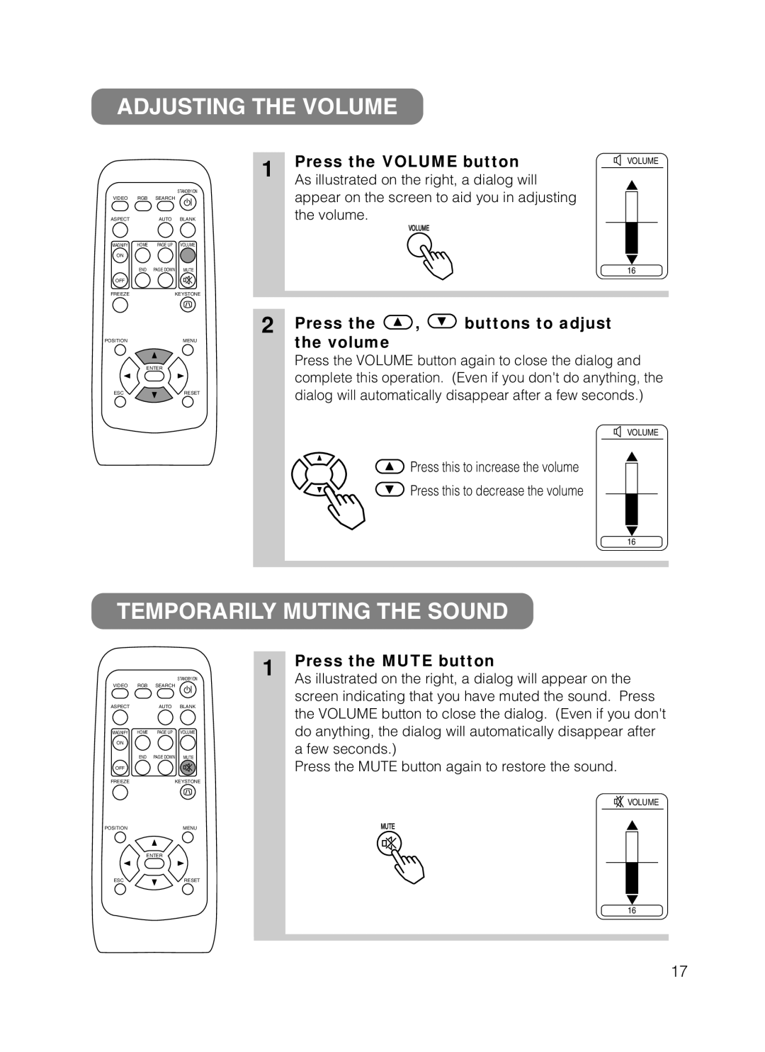 3M X50C, S50C Adjusting the Volume, Temporarily Muting the Sound, Press the Volume button, Press Buttons to adjust Volume 