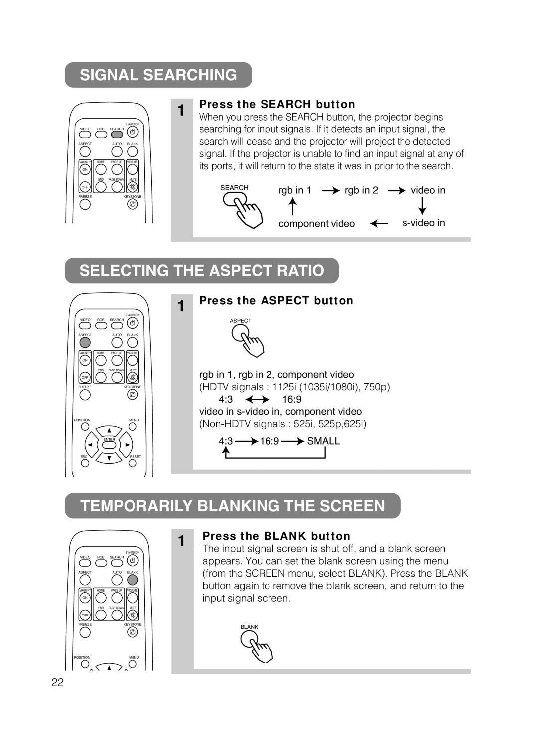 3M S50C, X50C manual Signal Searching, Selecting the Aspect Ratio, Temporarily Blanking the Screen 