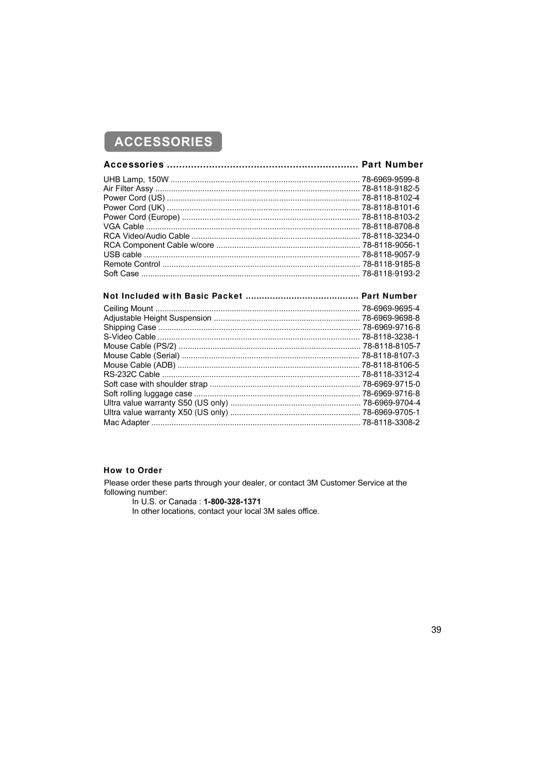 3M X50C, S50C manual Accessories Part Number, Not Included with Basic Packet Part Number, How to Order 