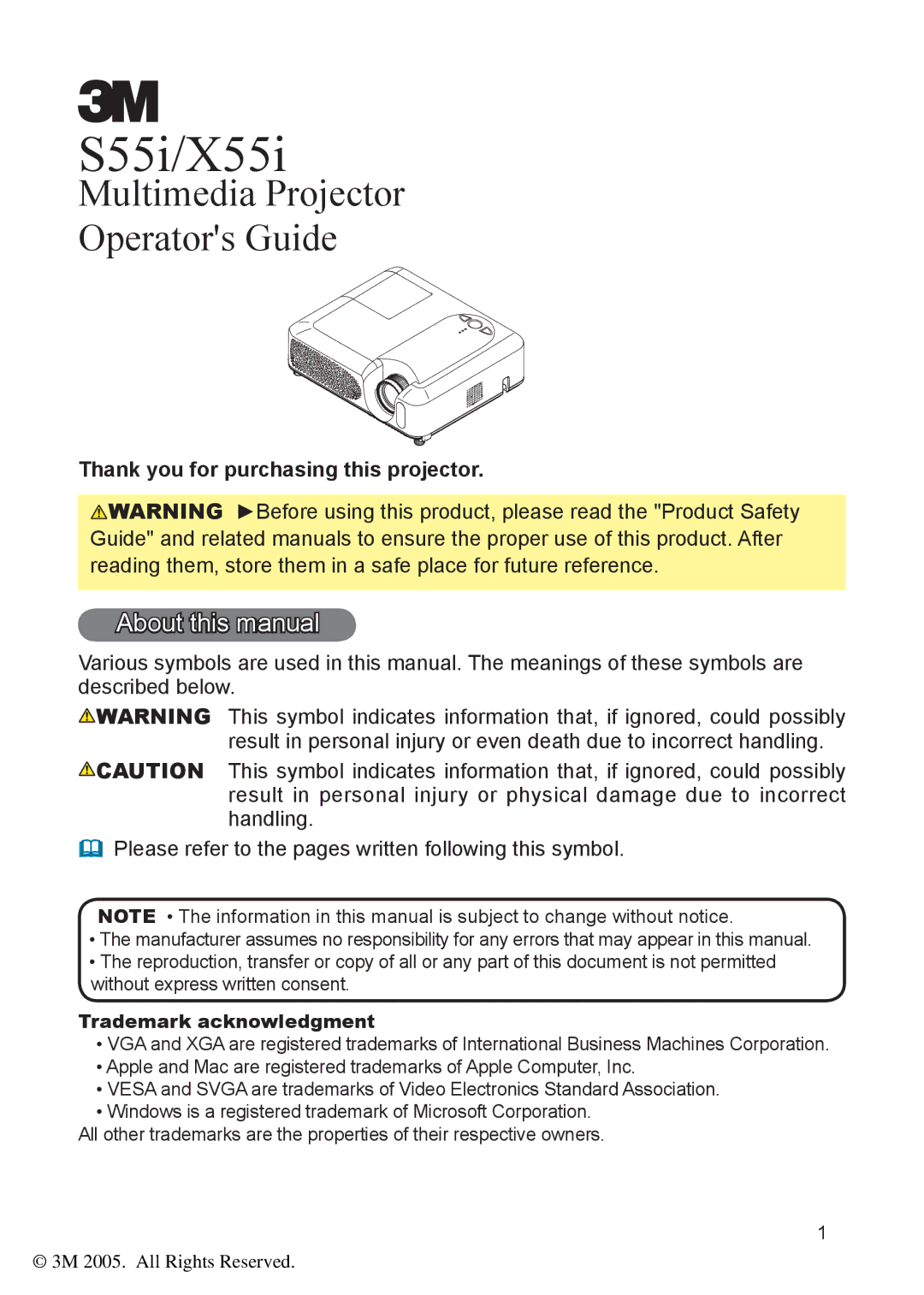 3M X55I manual About this manual, Thank you for purchasing this projector, Trademark acknowledgment 