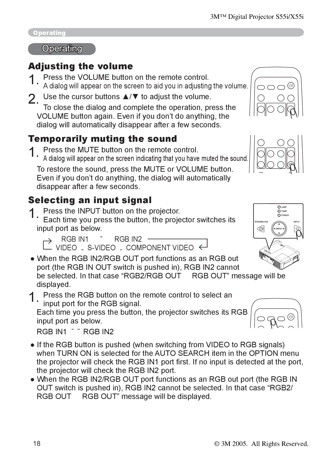 3M X55I manual Operating, Adjusting the volume, Temporarily muting the sound, Selecting an input signal 