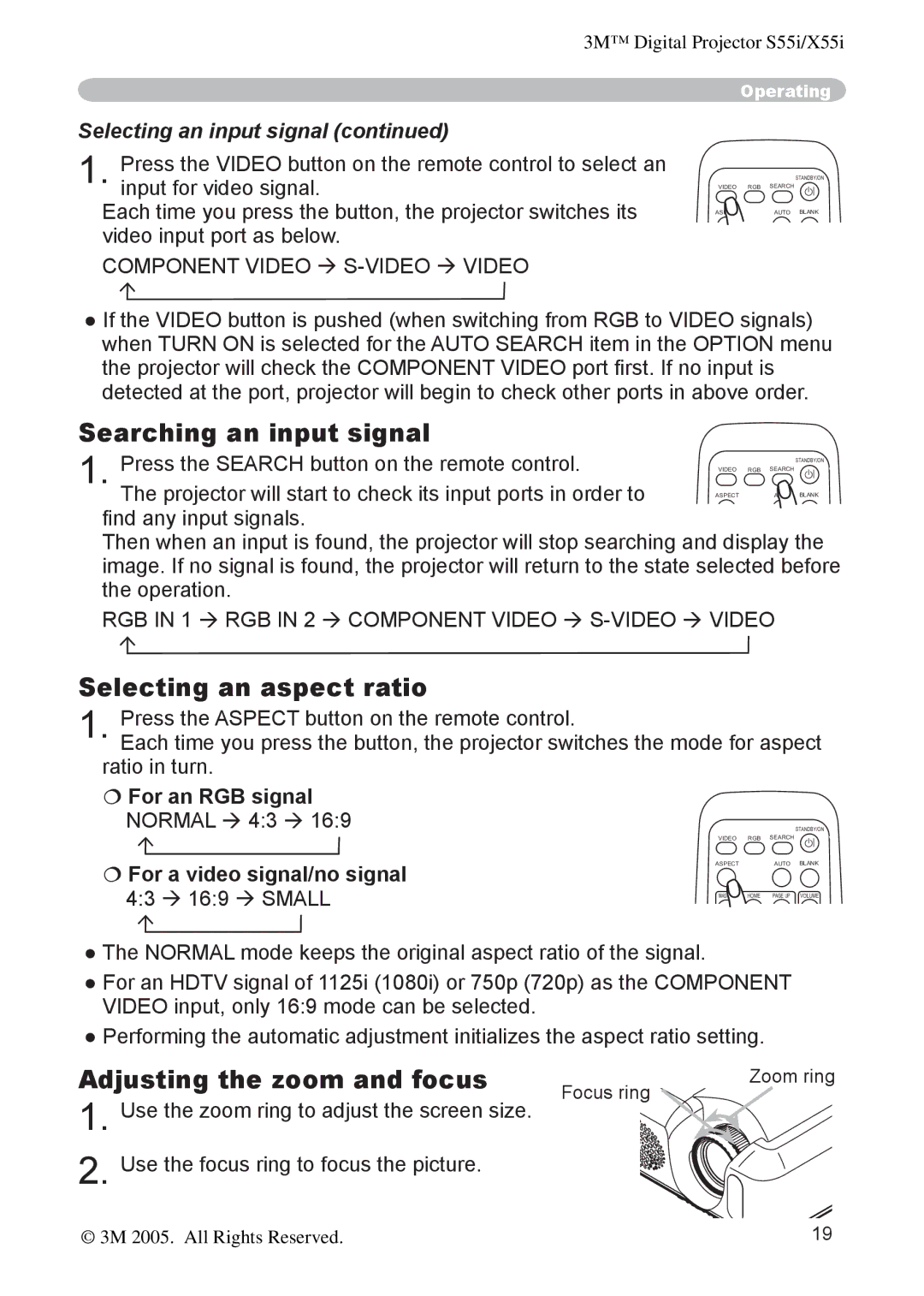 3M X55I Searching an input signal, Selecting an aspect ratio, Adjusting the zoom and focus, Selecting an input signal 