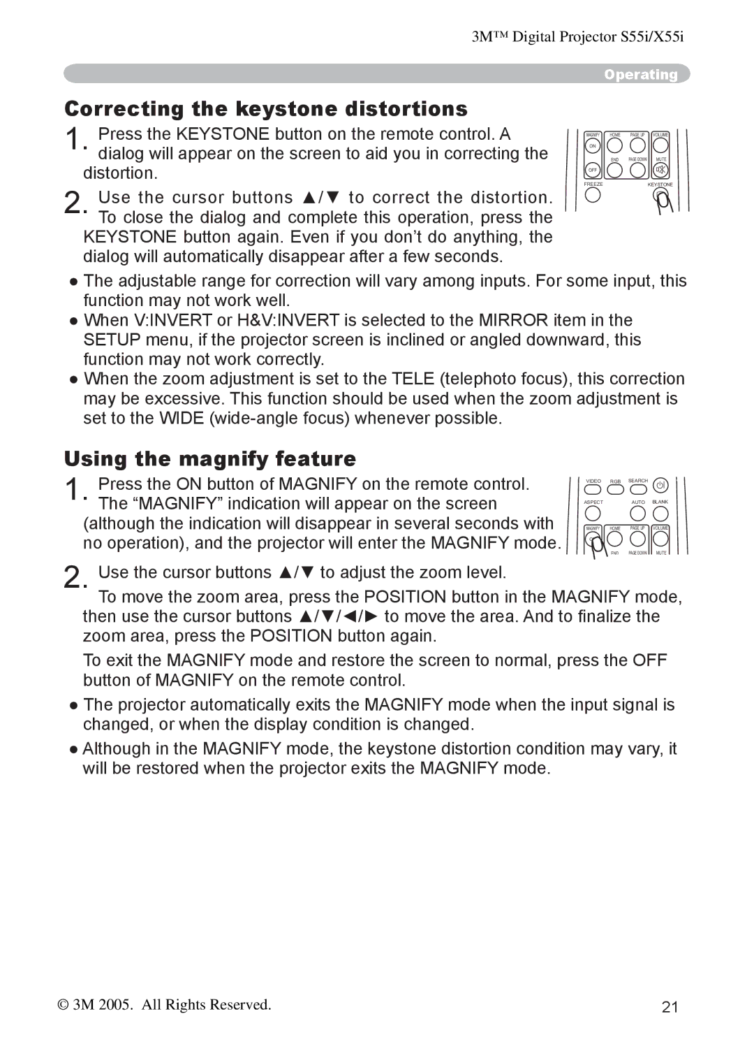 3M X55I manual Correcting the keystone distortions, Using the magnify feature 