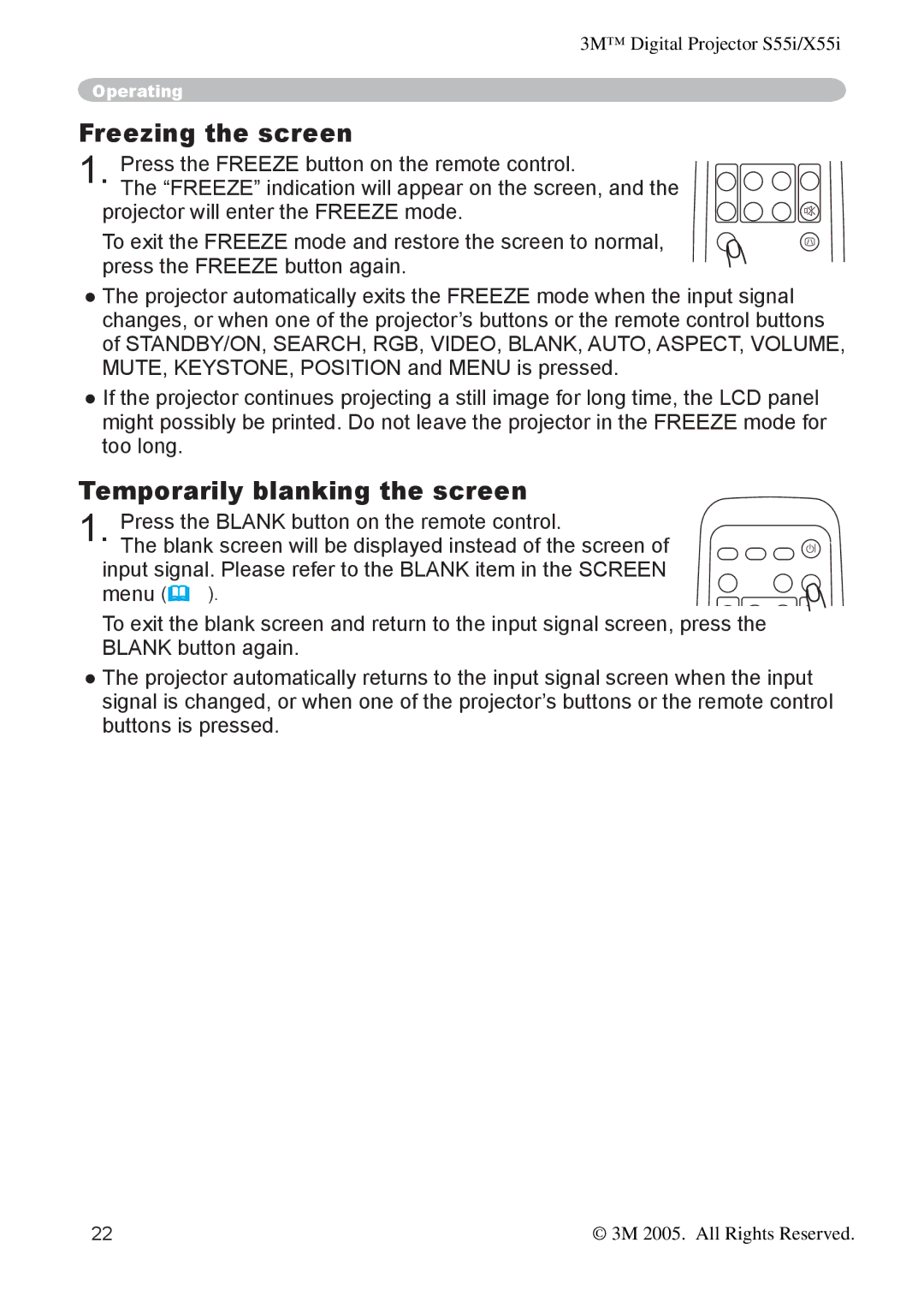 3M X55I manual Freezing the screen, Temporarily blanking the screen 