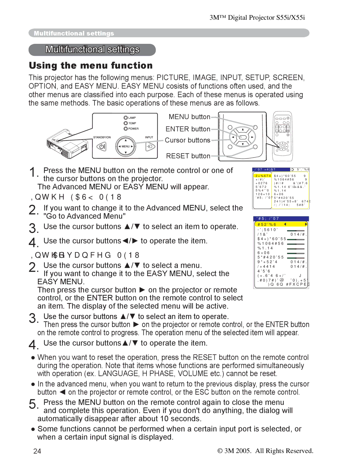 3M X55I manual Multifunctional settings, Using the menu function, Easy Menu, Advanced Menu 