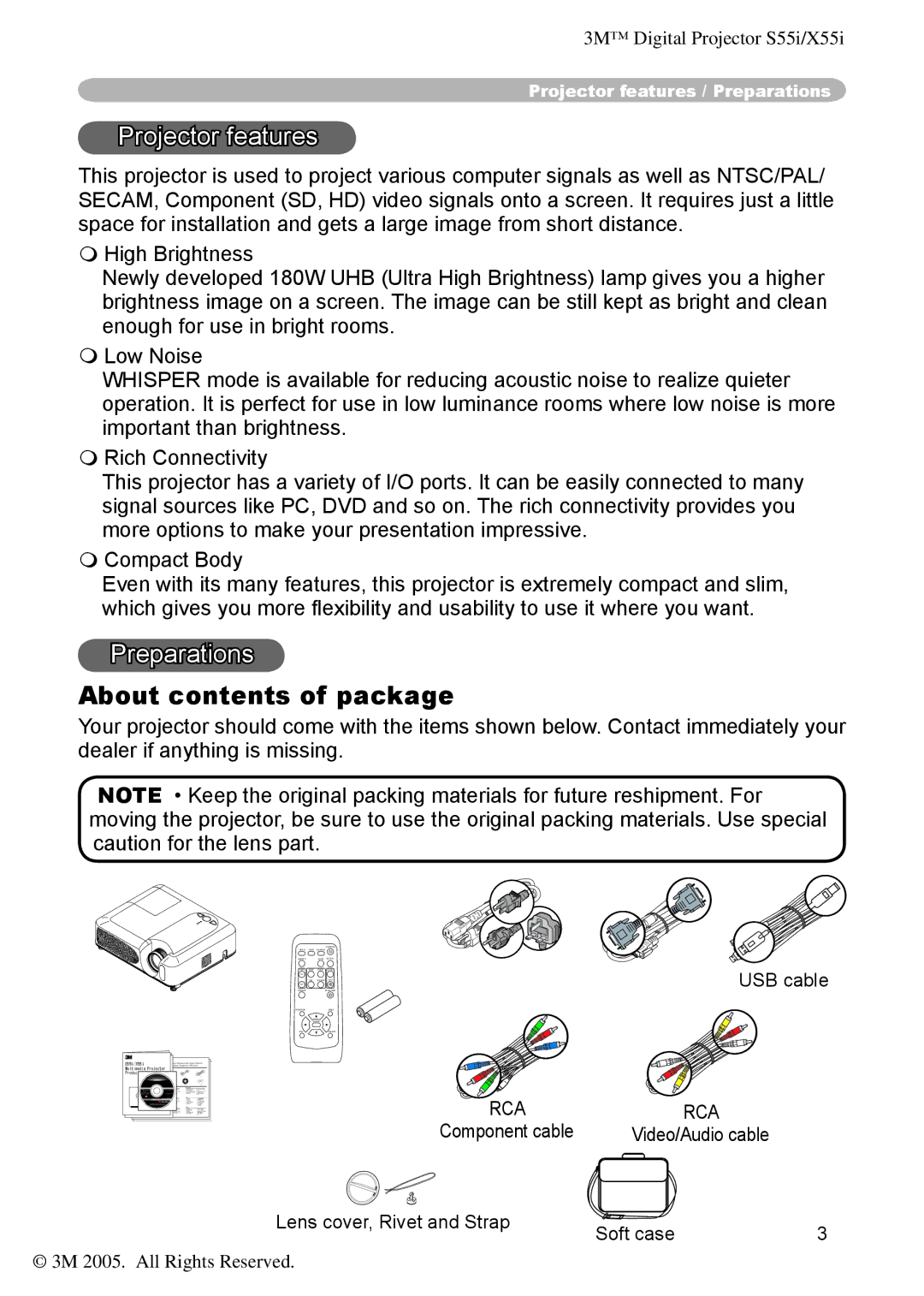 3M X55I manual About contents of package 