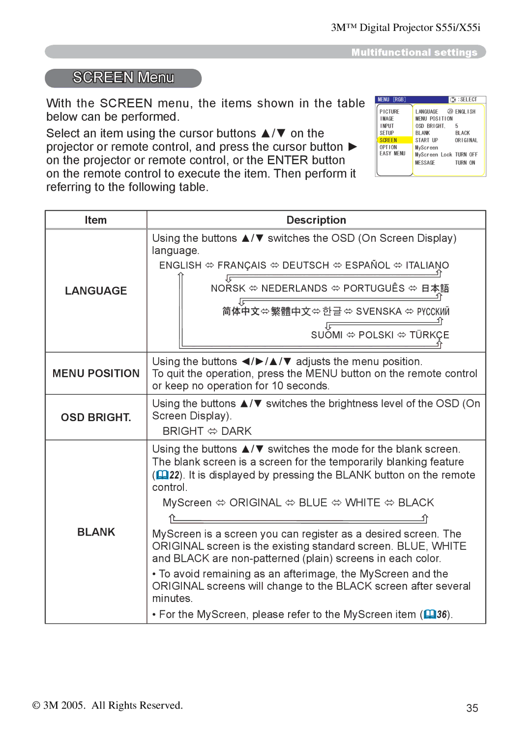 3M X55I manual Screen Menu, Menu Position, OSD Bright, Bright  Dark, Blank 
