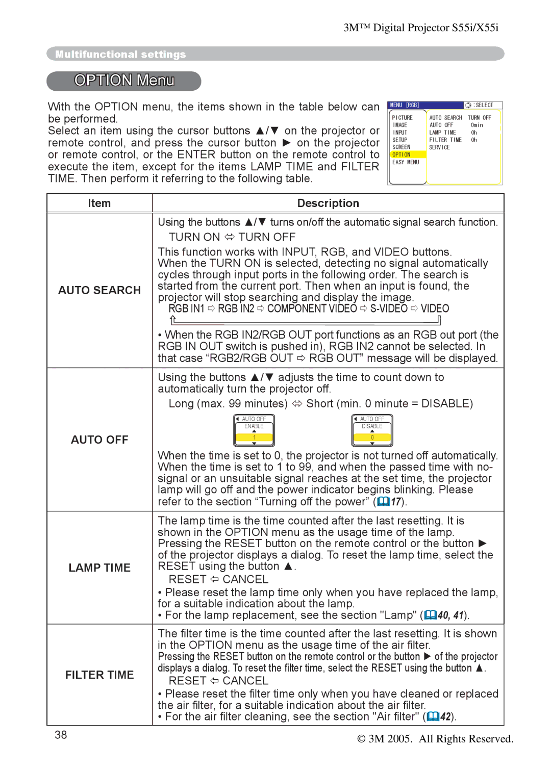 3M X55I manual Option Menu, Auto Search, Auto OFF, Lamp Time, Reset  Cancel 