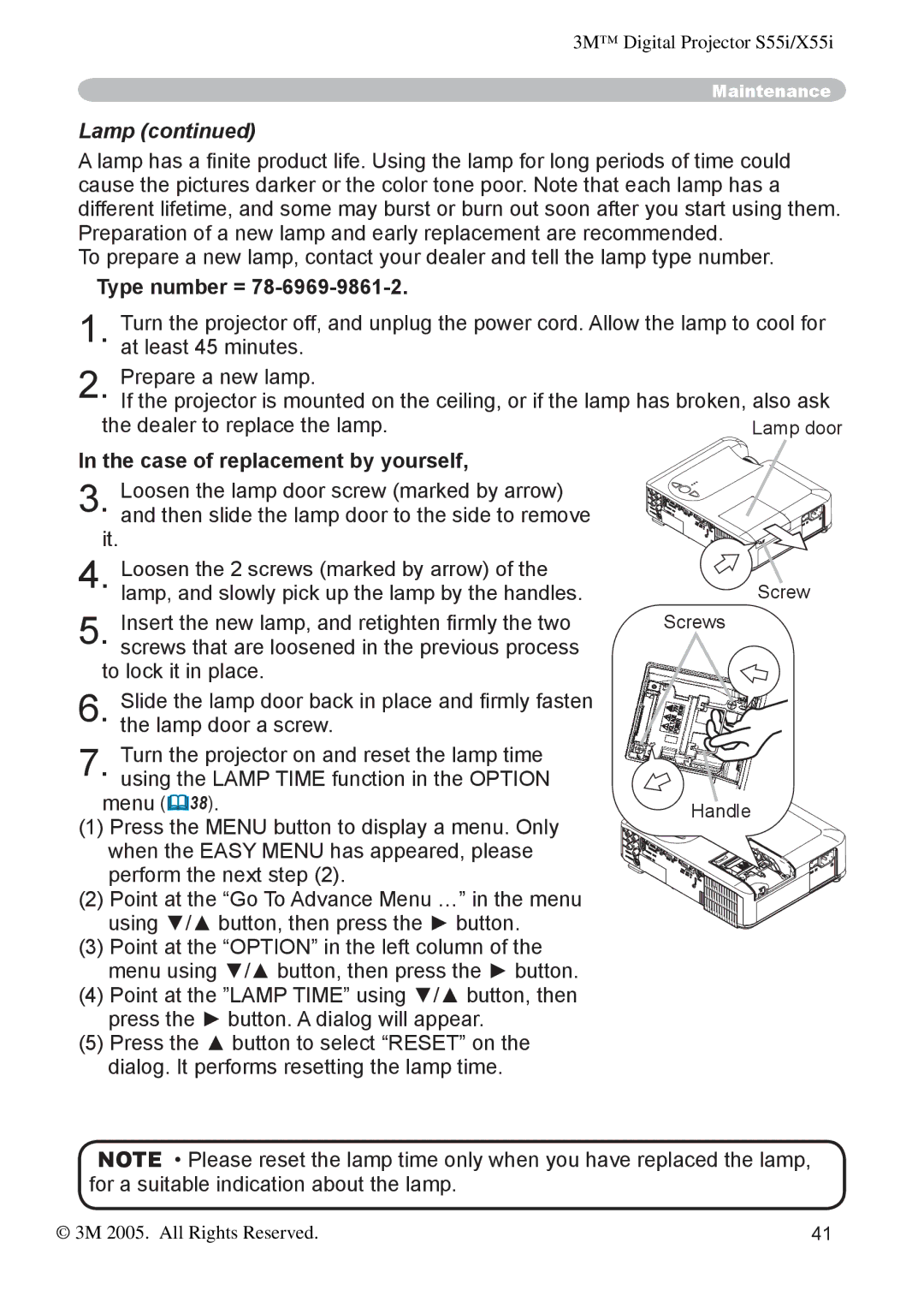 3M X55I manual Lamp, Type number =, Case of replacement by yourself 