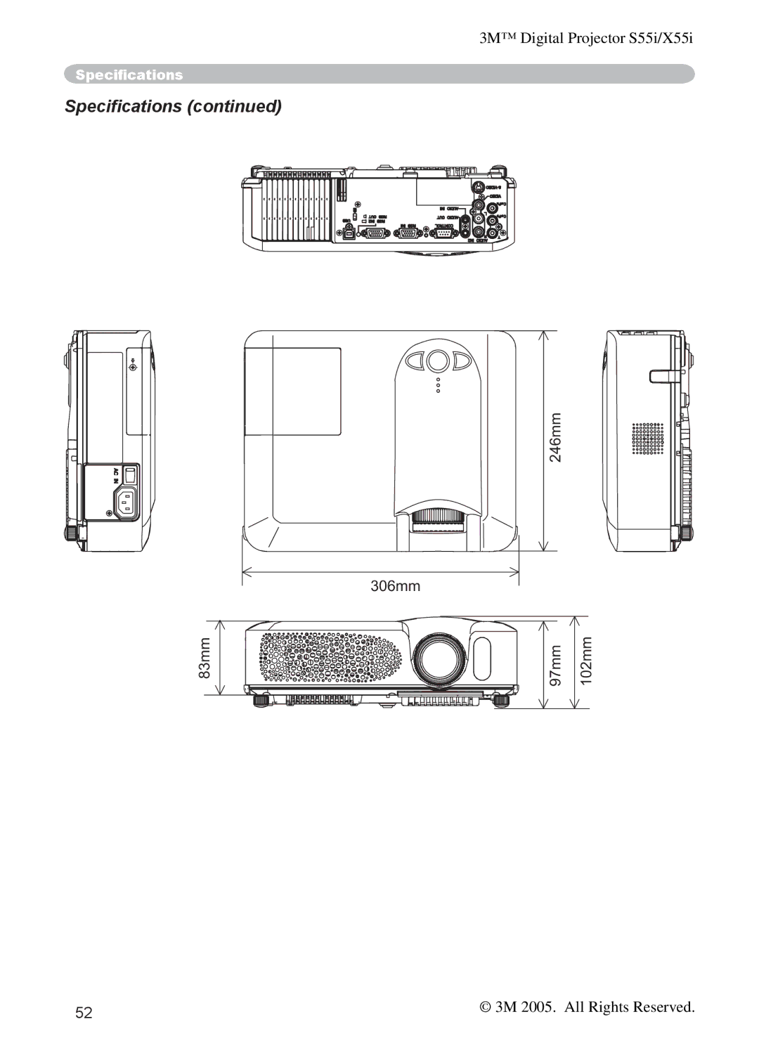 3M X55I manual Speciﬁcations, 246mm 306mm 83mm 97mm 102mm 