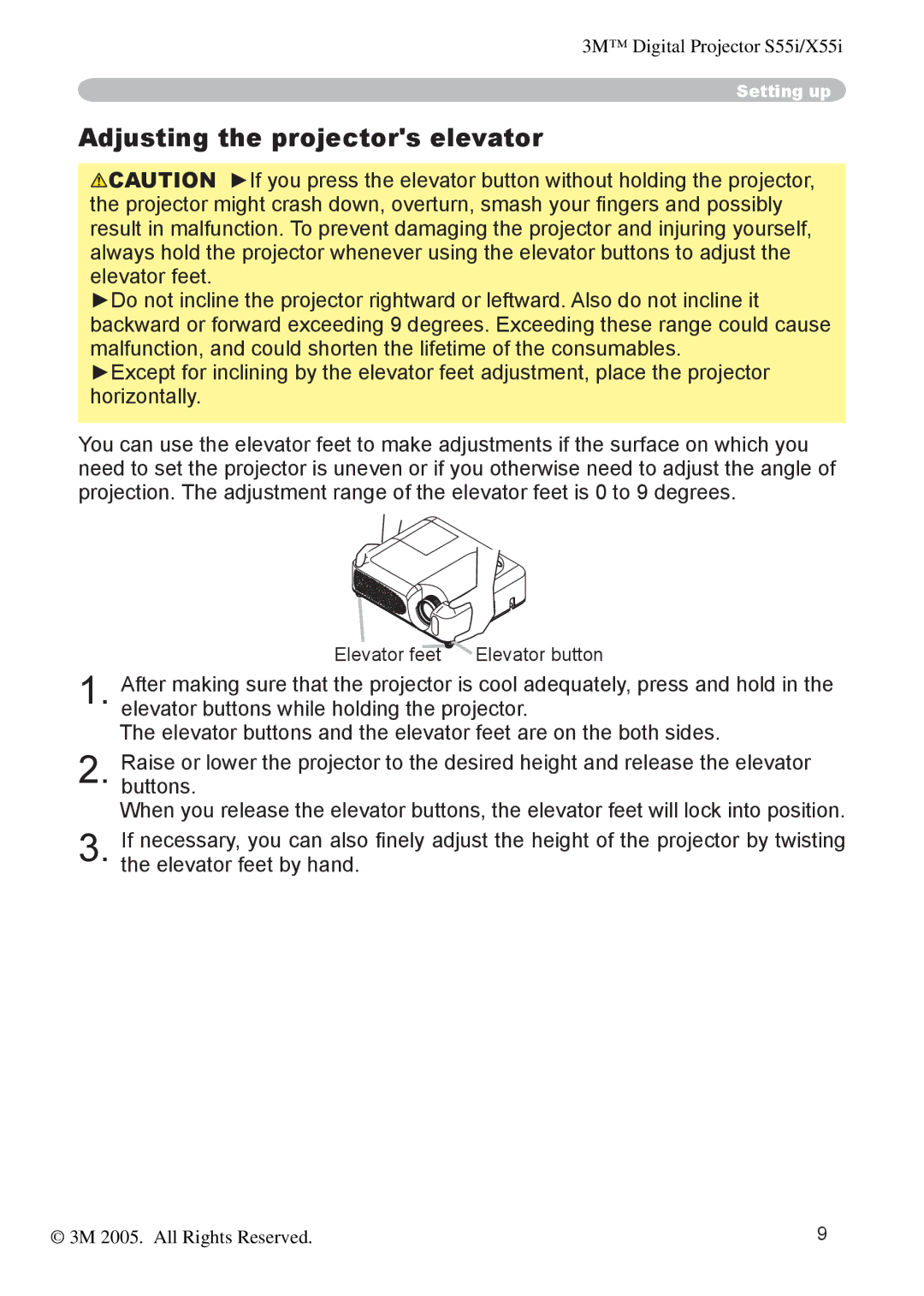 3M X55I manual Adjusting the projectors elevator 