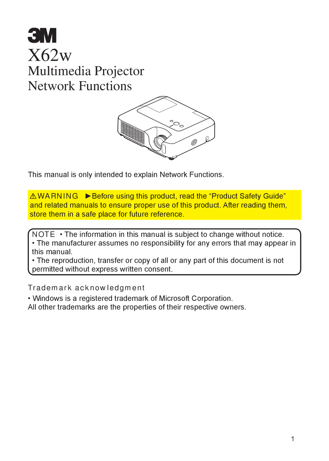 3M X62w manual Trademark acknowledgment 