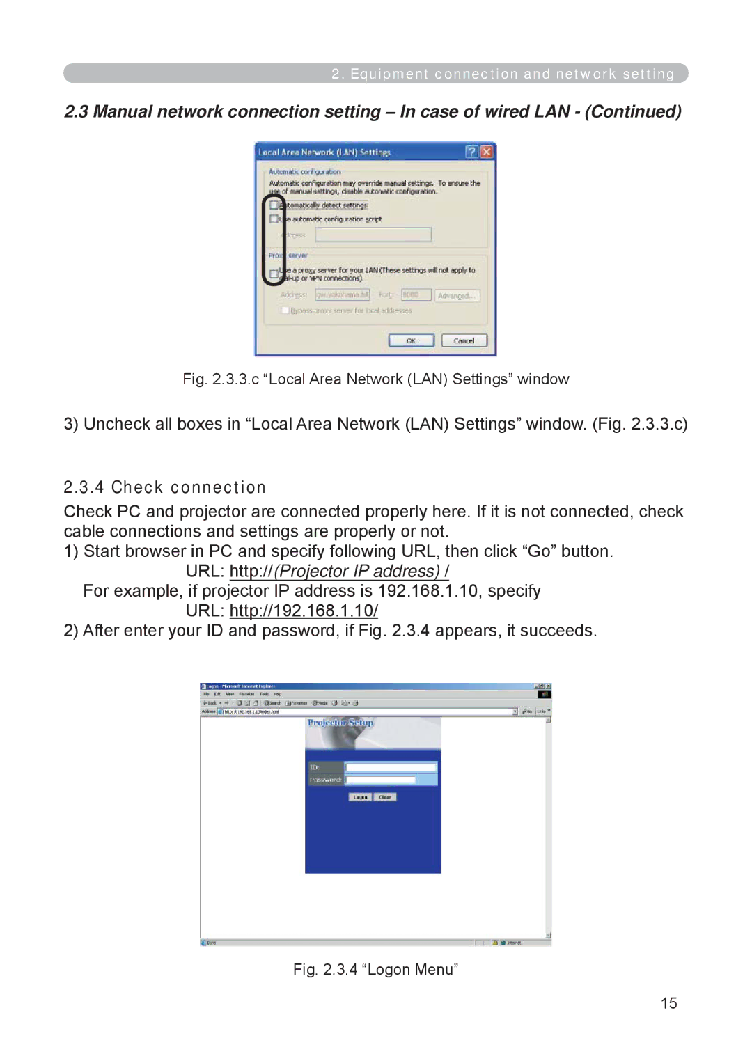 3M X62w manual Check connection, c Local Area Network LAN Settings window 