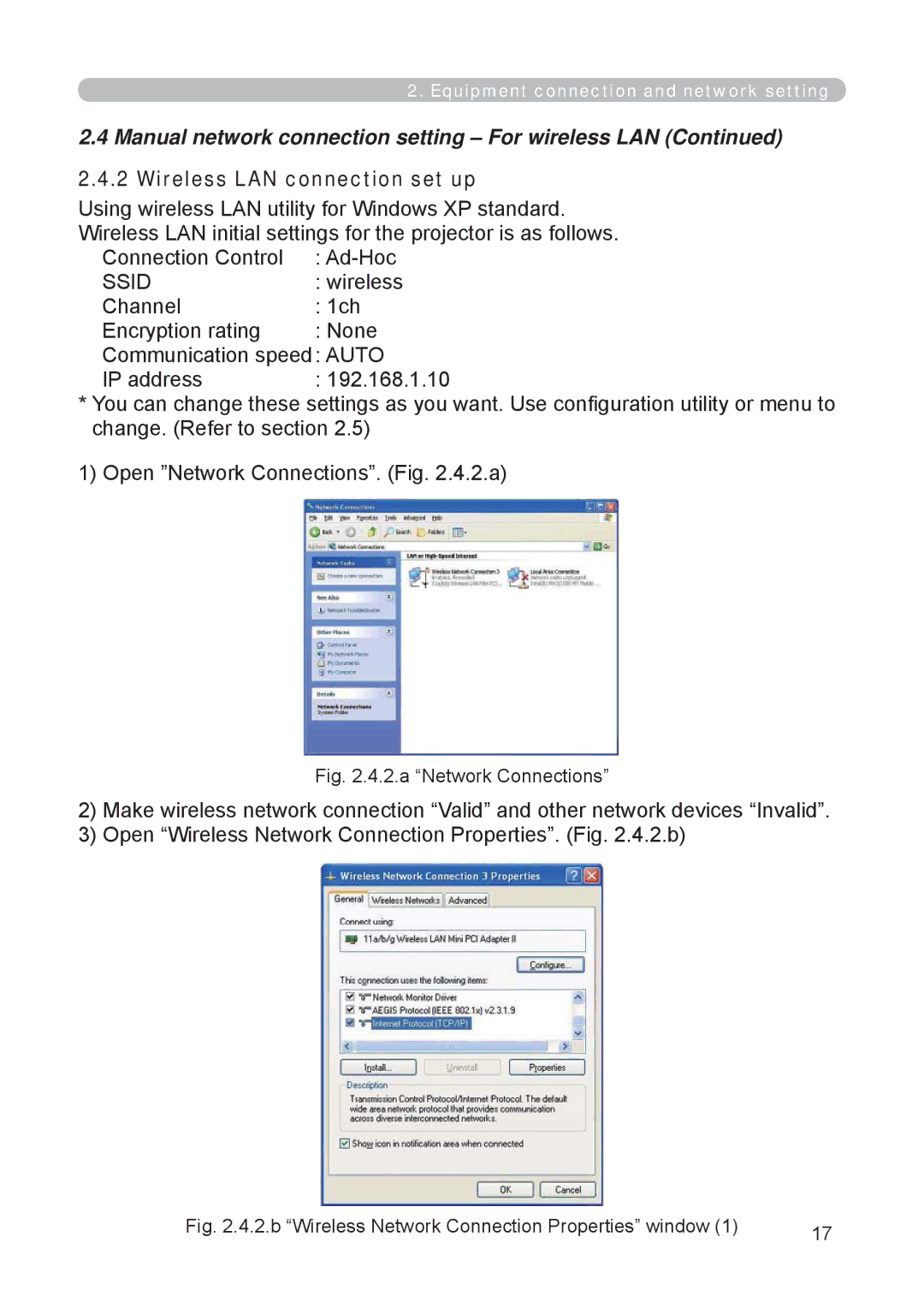 3M X62w manual Manual network connection setting For wireless LAN, Wireless LAN connection set up 