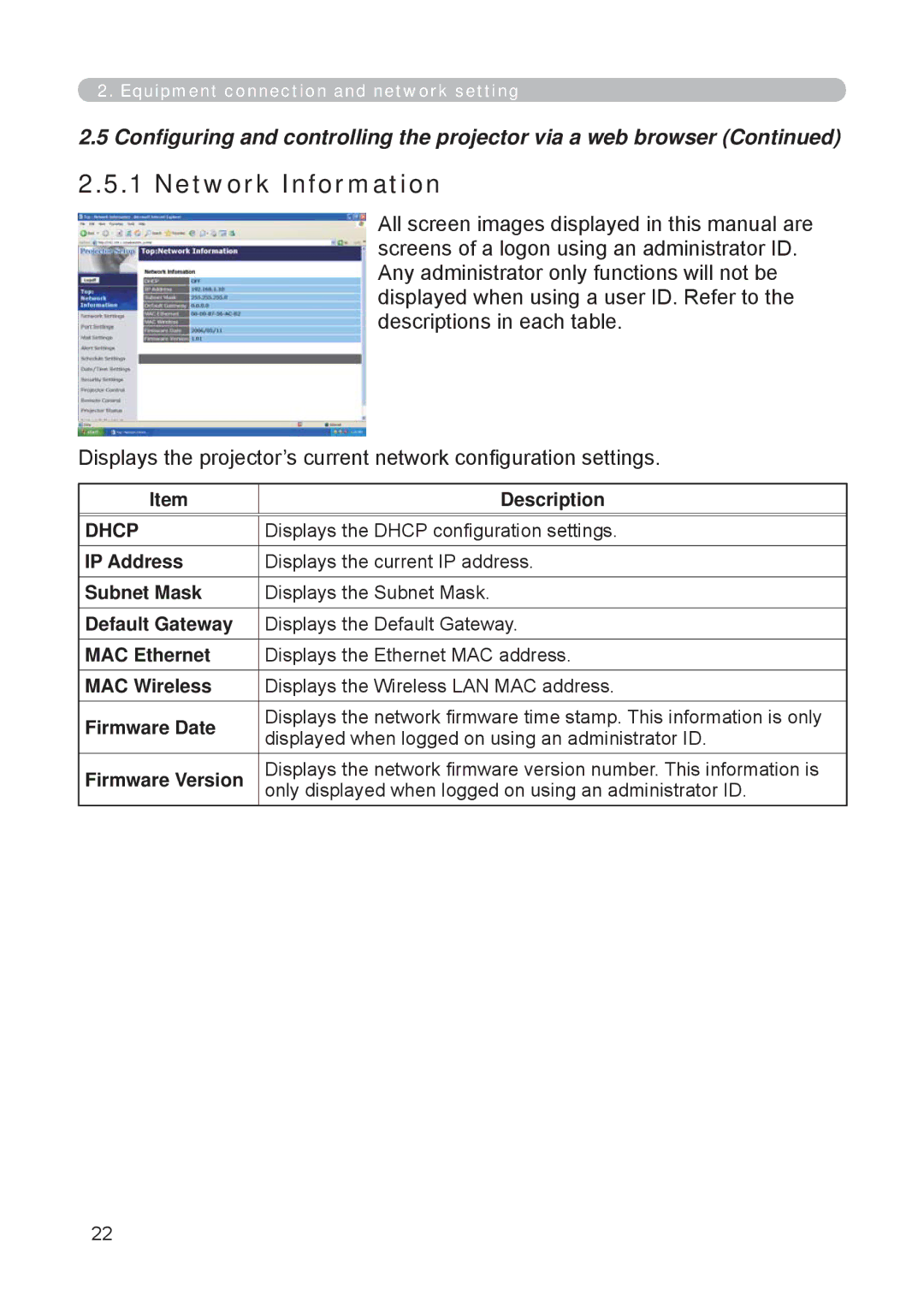 3M X62w manual Network Information, Dhcp 