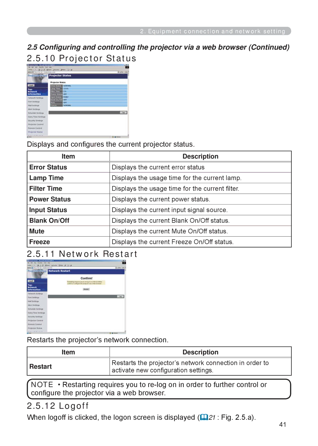 3M X62w manual Projector Status, Network Restart, Logoff, Displays and conﬁgures the current projector status 