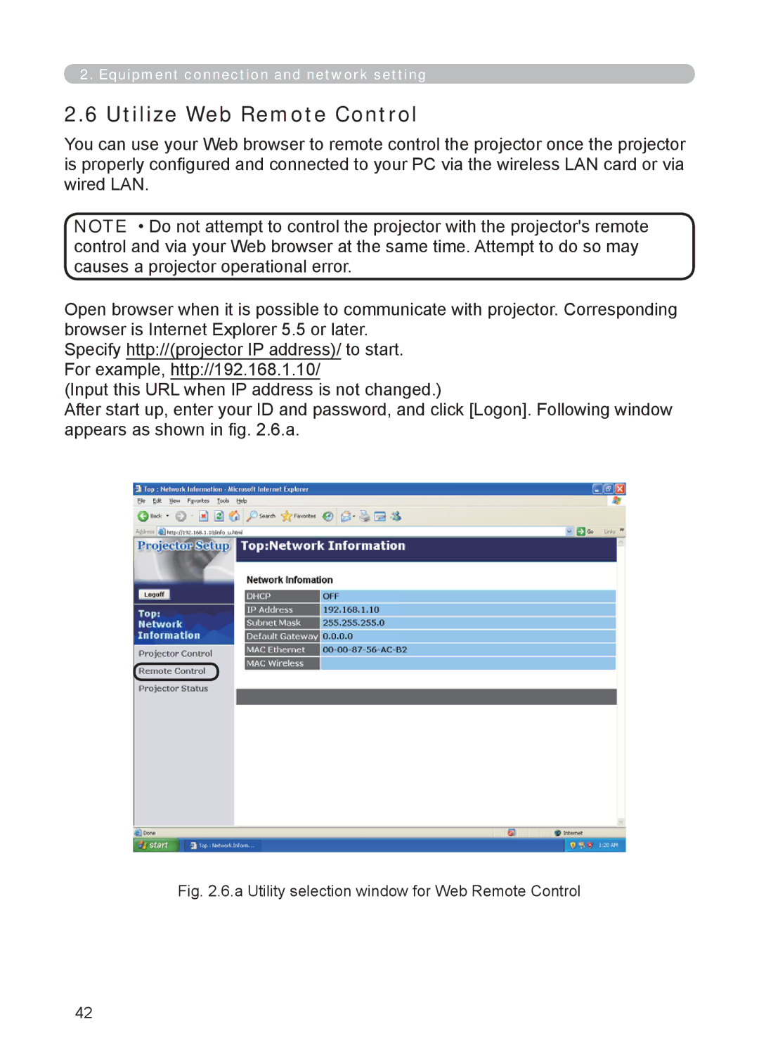 3M X62w manual Utilize Web Remote Control, A Utility selection window for Web Remote Control 