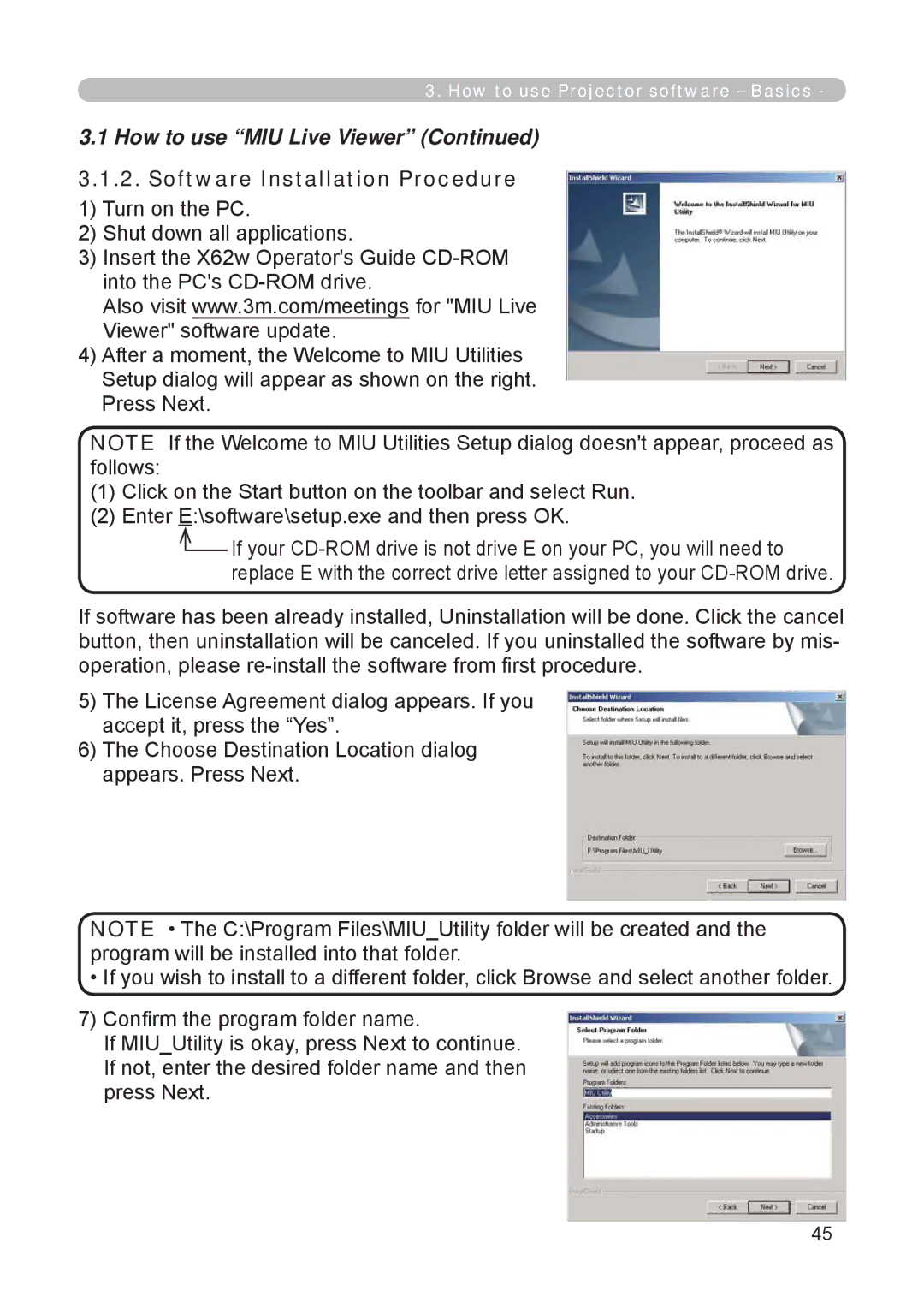 3M X62w manual How to use MIU Live Viewer, Software Installation Procedure 