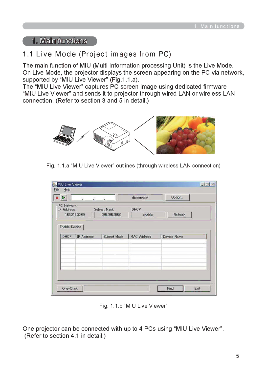 3M X62w manual Live Mode Project images from PC, A MIU Live Viewer outlines through wireless LAN connection 