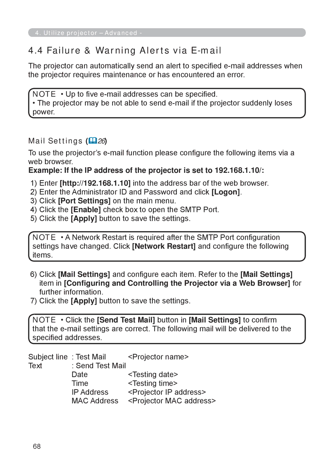 3M X62w manual Failure & Warning Alerts via E-mail, Mail Settings, Example If the IP address of the projector is set to 